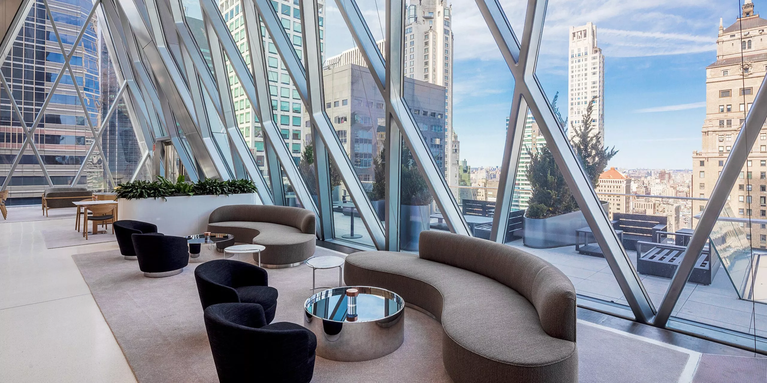 Interior of large glass windows and seating areas