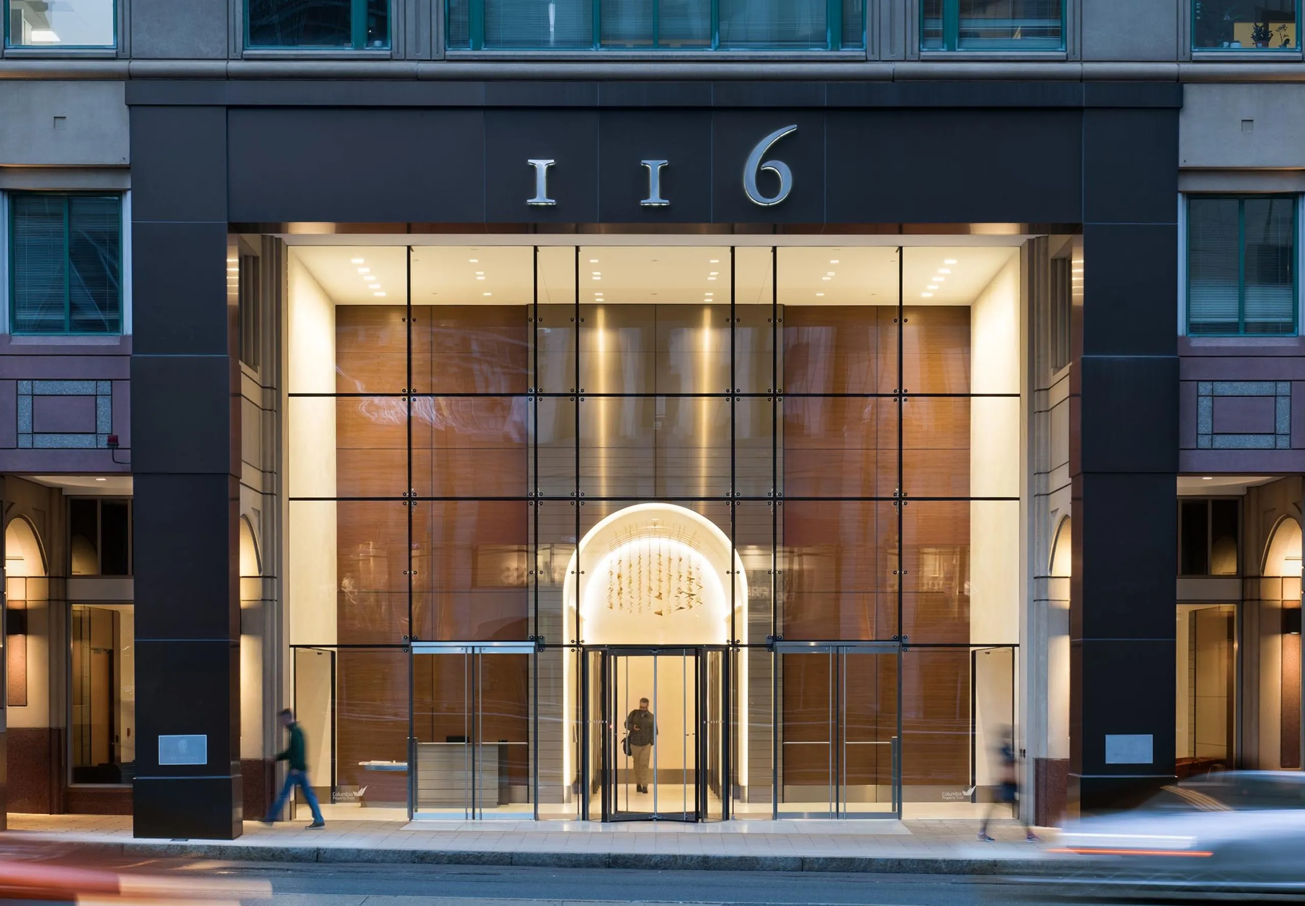 Exterior of glass multistory entryway to 116 Huntington Avenue