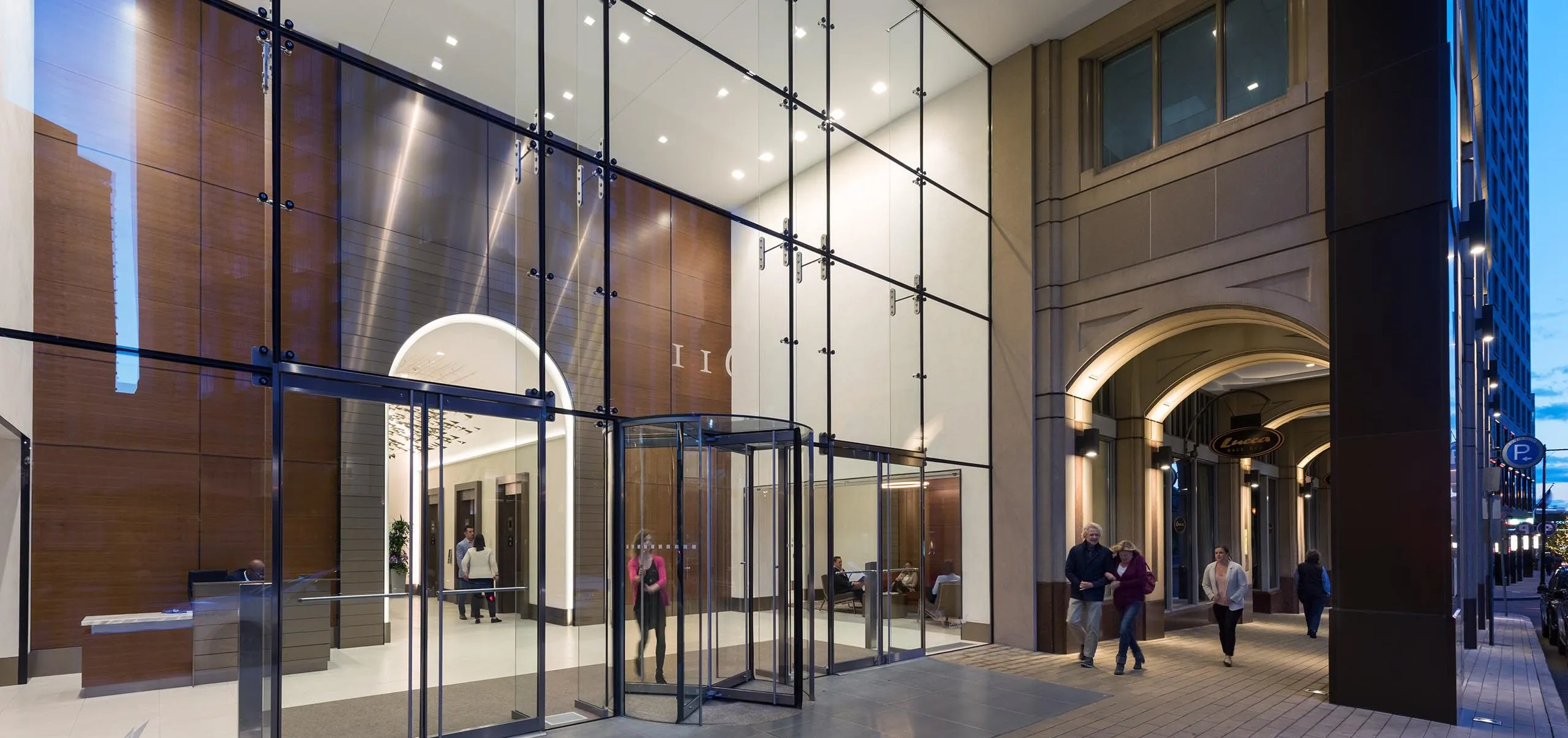 Exterior entryway and walkway of office building, 116 Huntington Ave