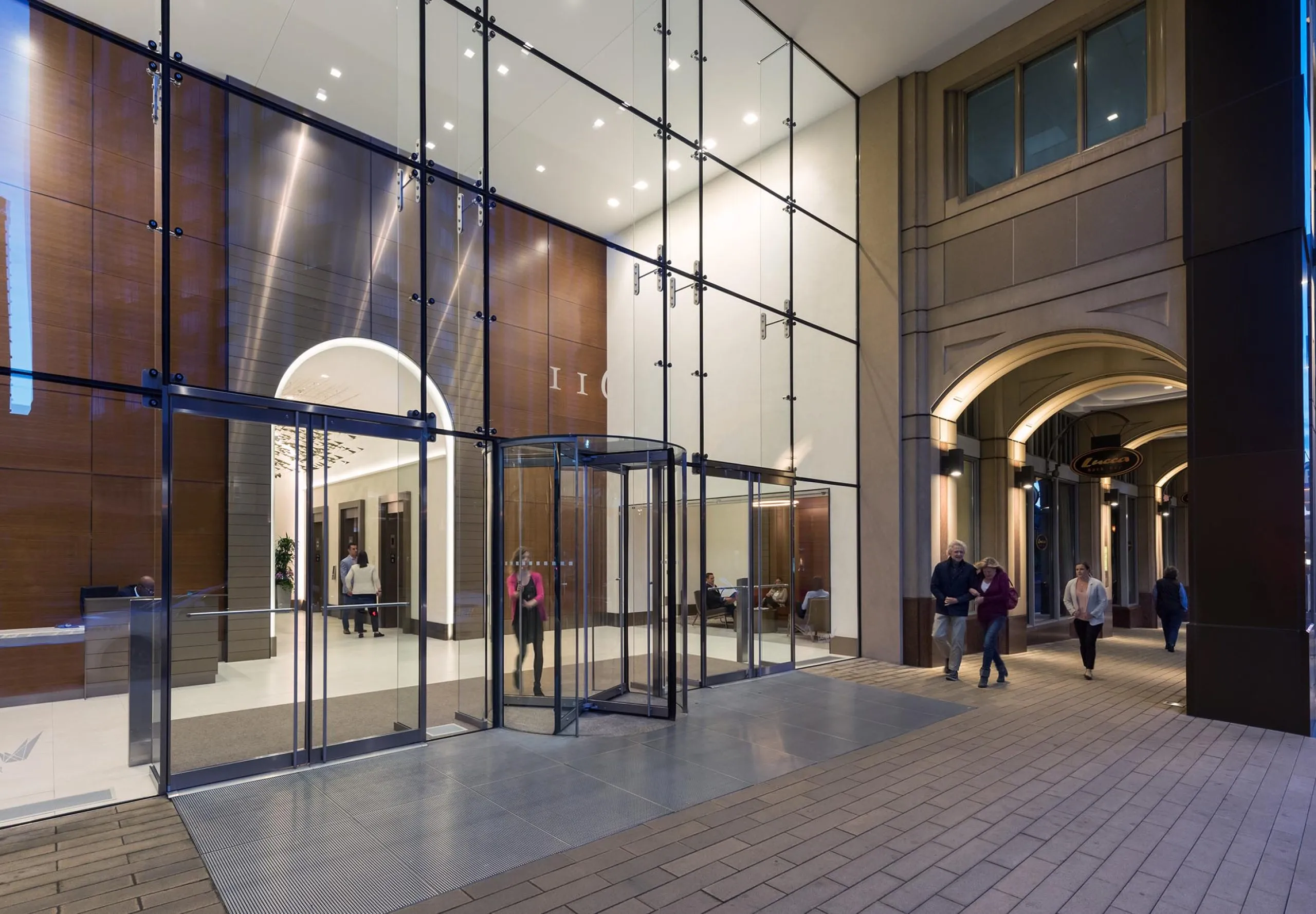 Exterior entryway and walkway of office building, 116 Huntington Ave