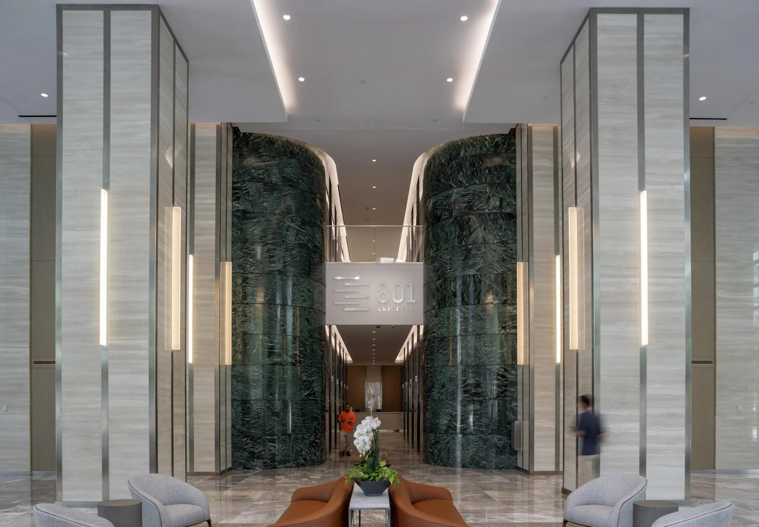 Modern upscale lobby with seating at 801 Brickell