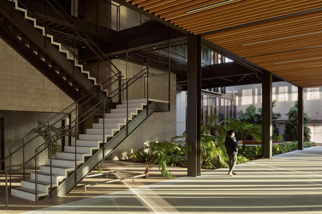 Exterior stairwell and covered walkway at 843 N Spring Street