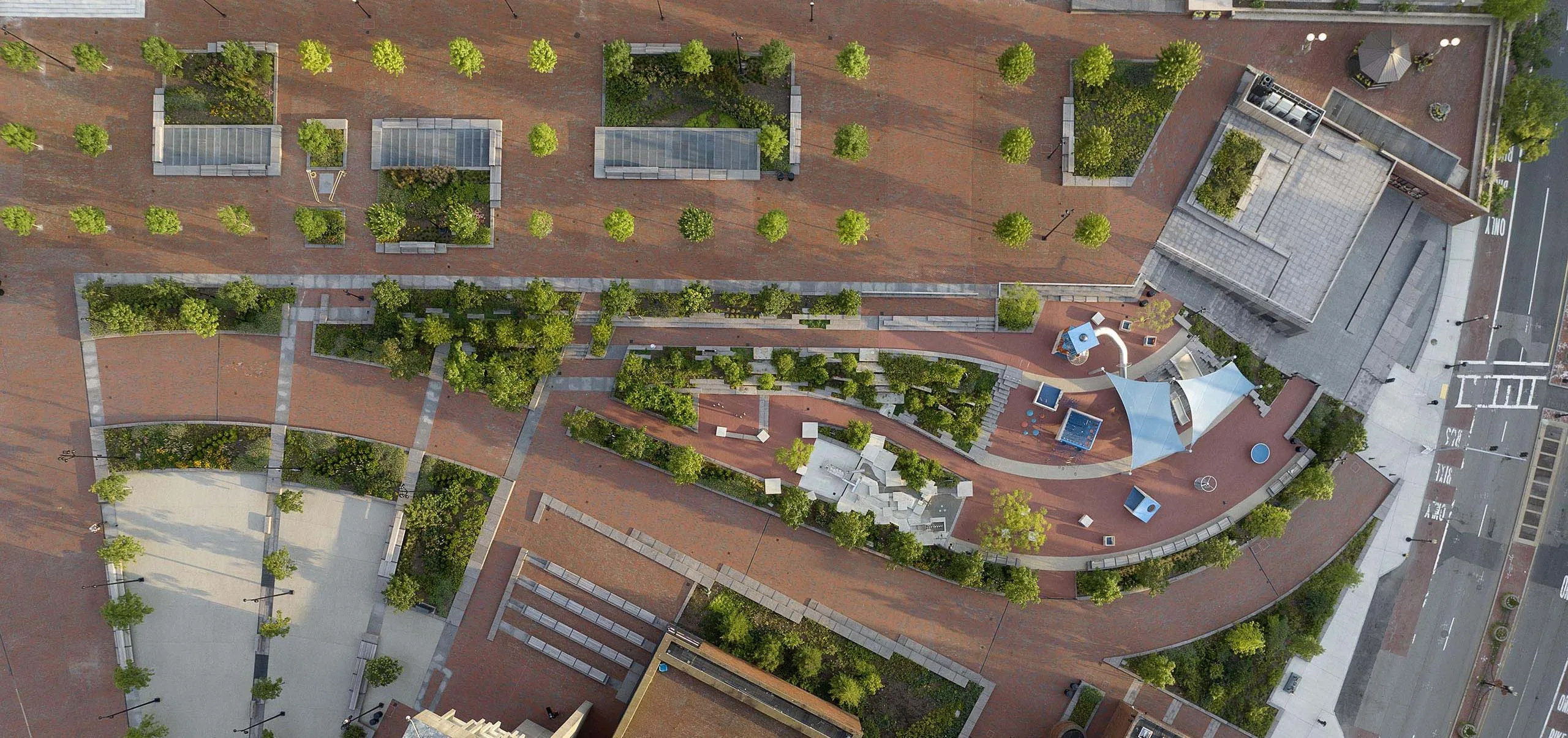 Aerial view of walkways and playground at Boston City Hall Plaza