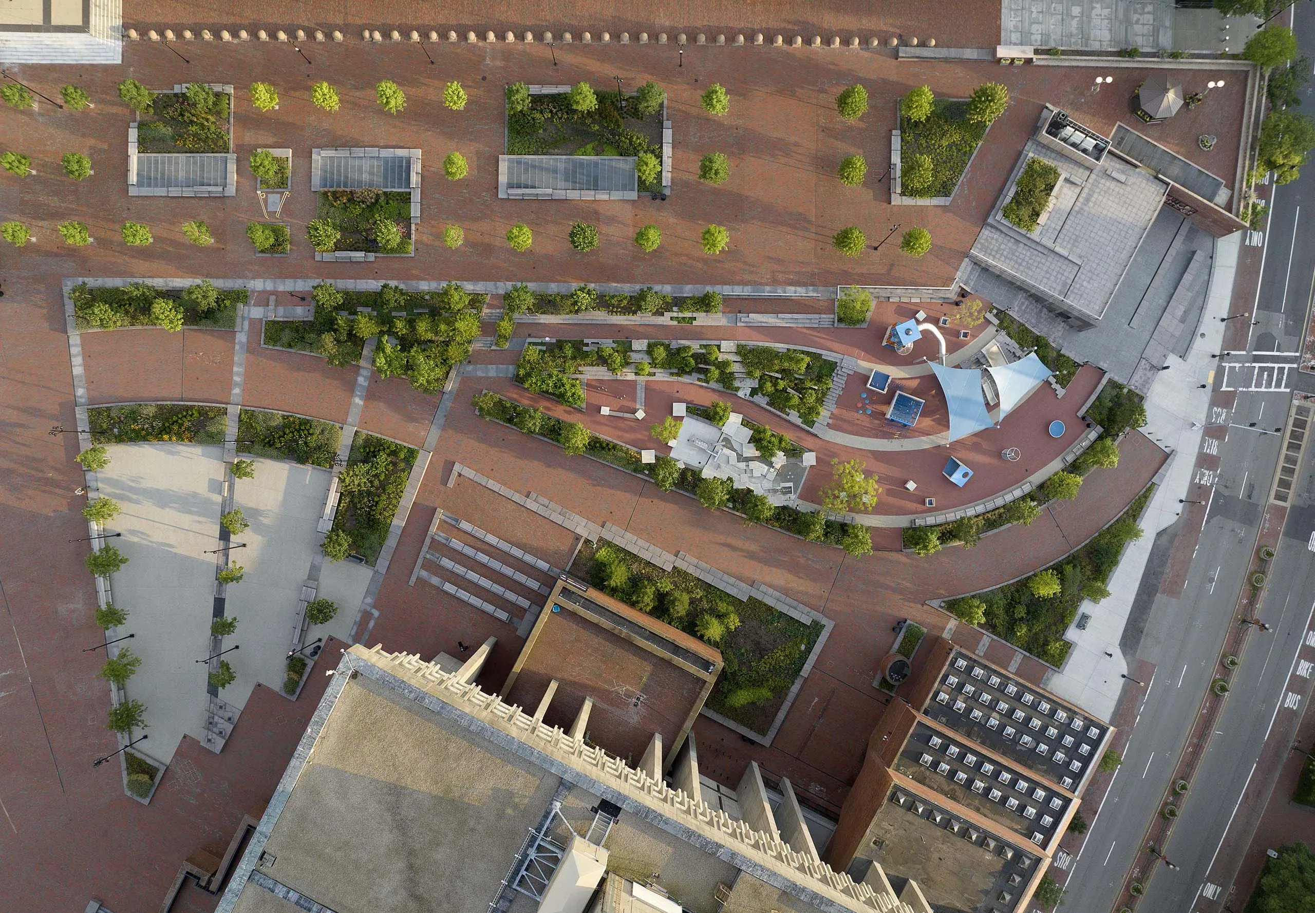 Aerial view of walkways and playground at Boston City Hall Plaza