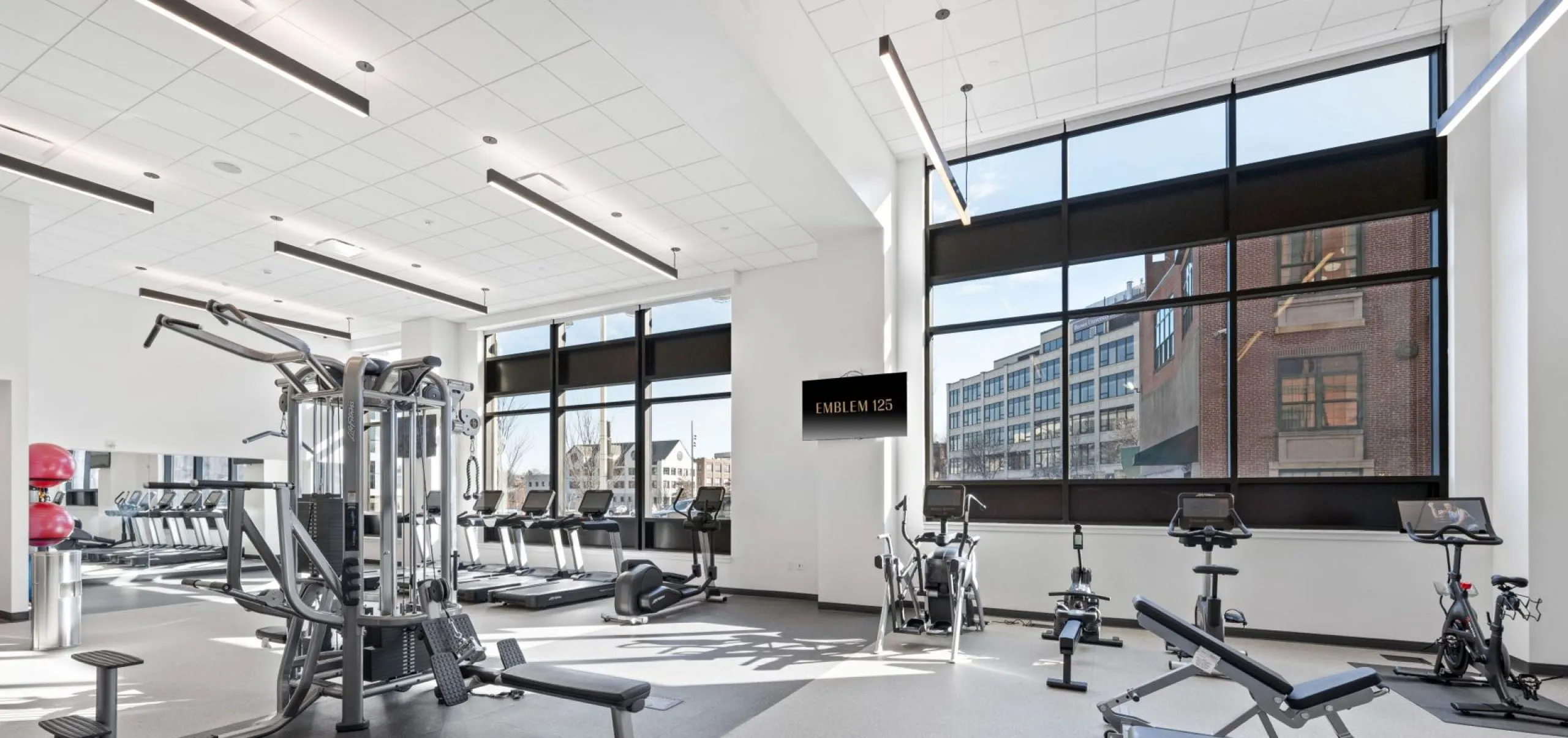 Communal gym with exercise equipment in Emblem 125