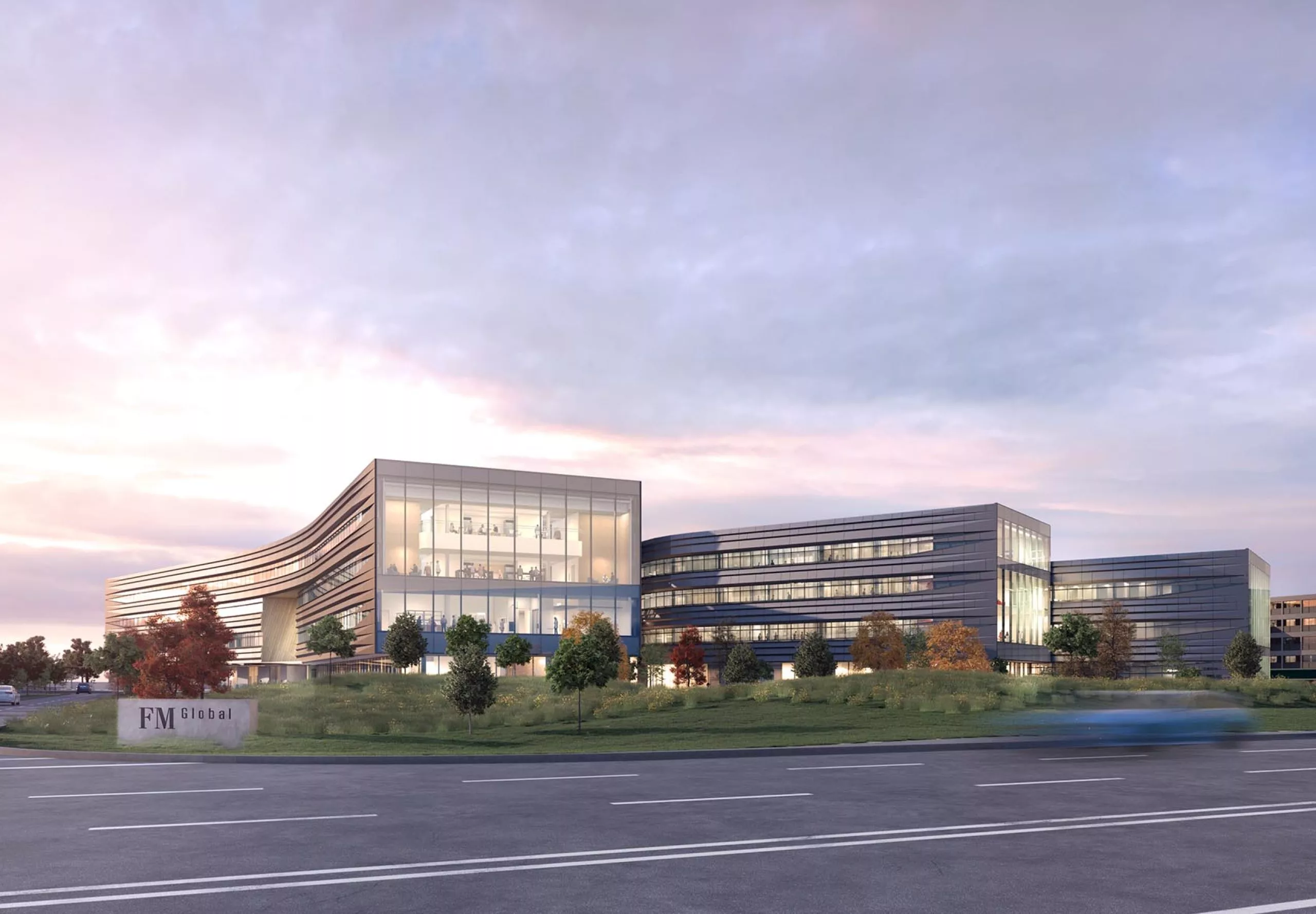 Exterior rendering with large modern FM Research, Science and Technology Center in the distance