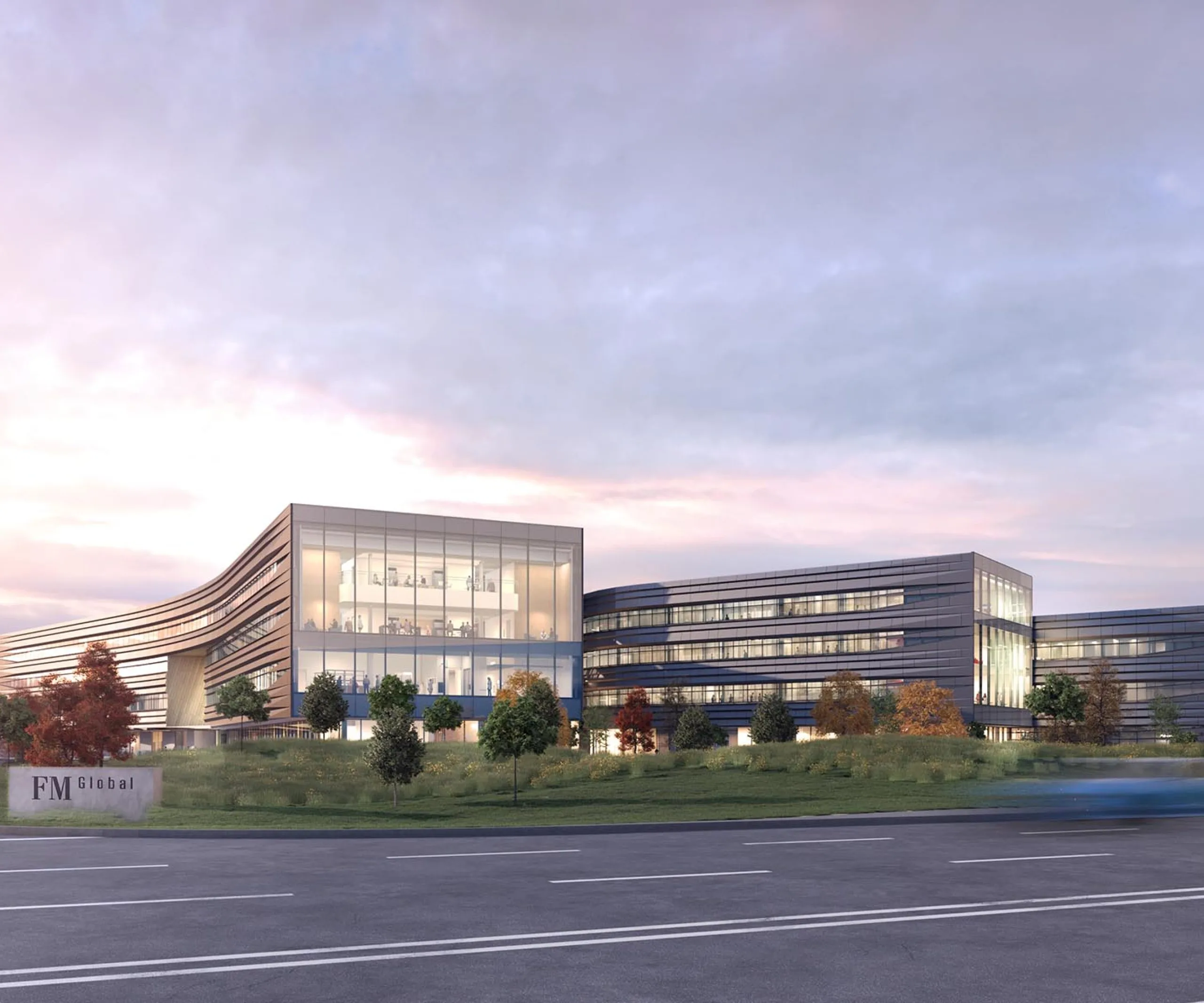 Exterior rendering with large modern FM Research, Science and Technology Center in the distance