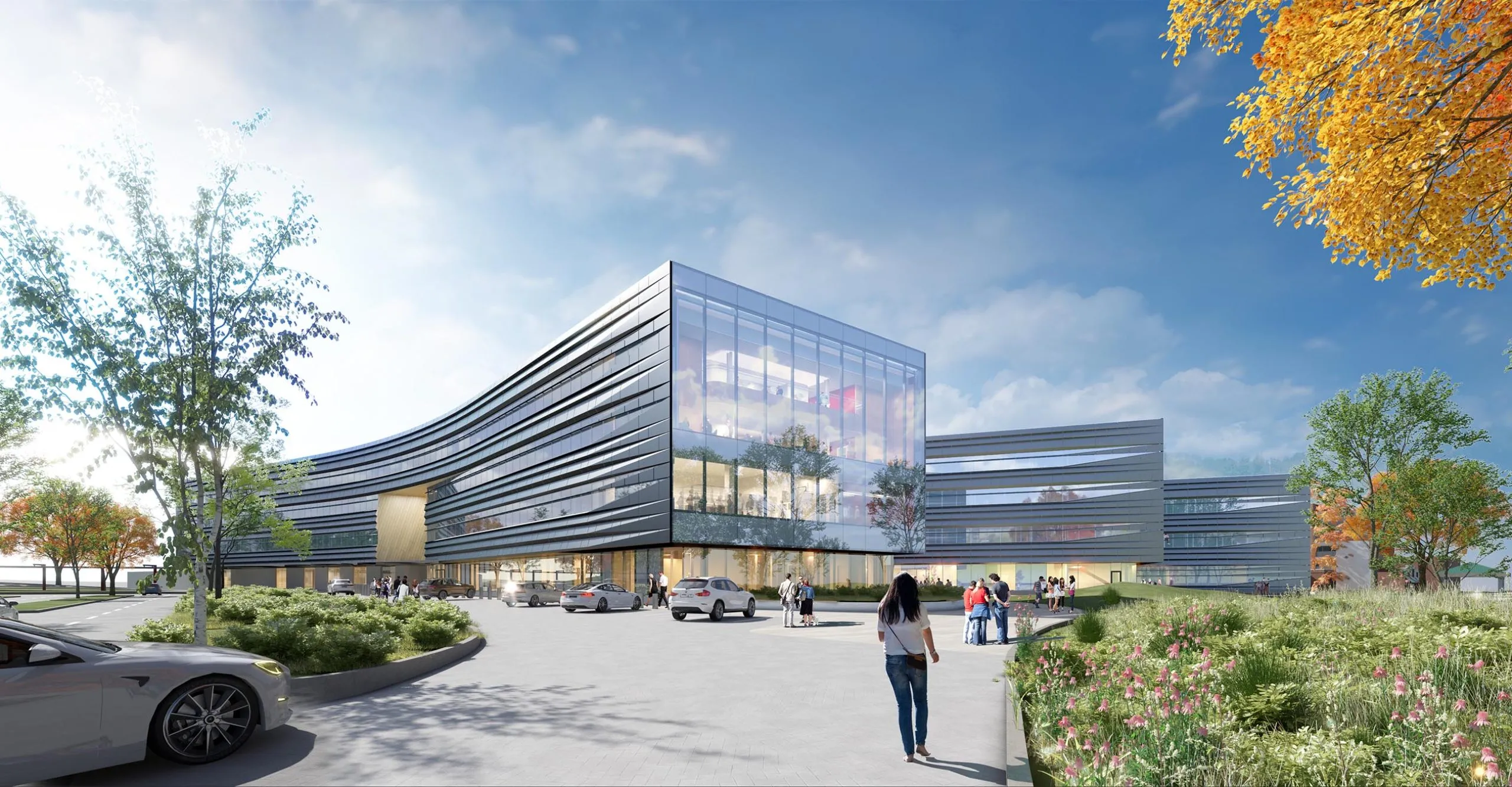 Exterior rendering of large modern FM Research, Science and Technology Center with people cars and people