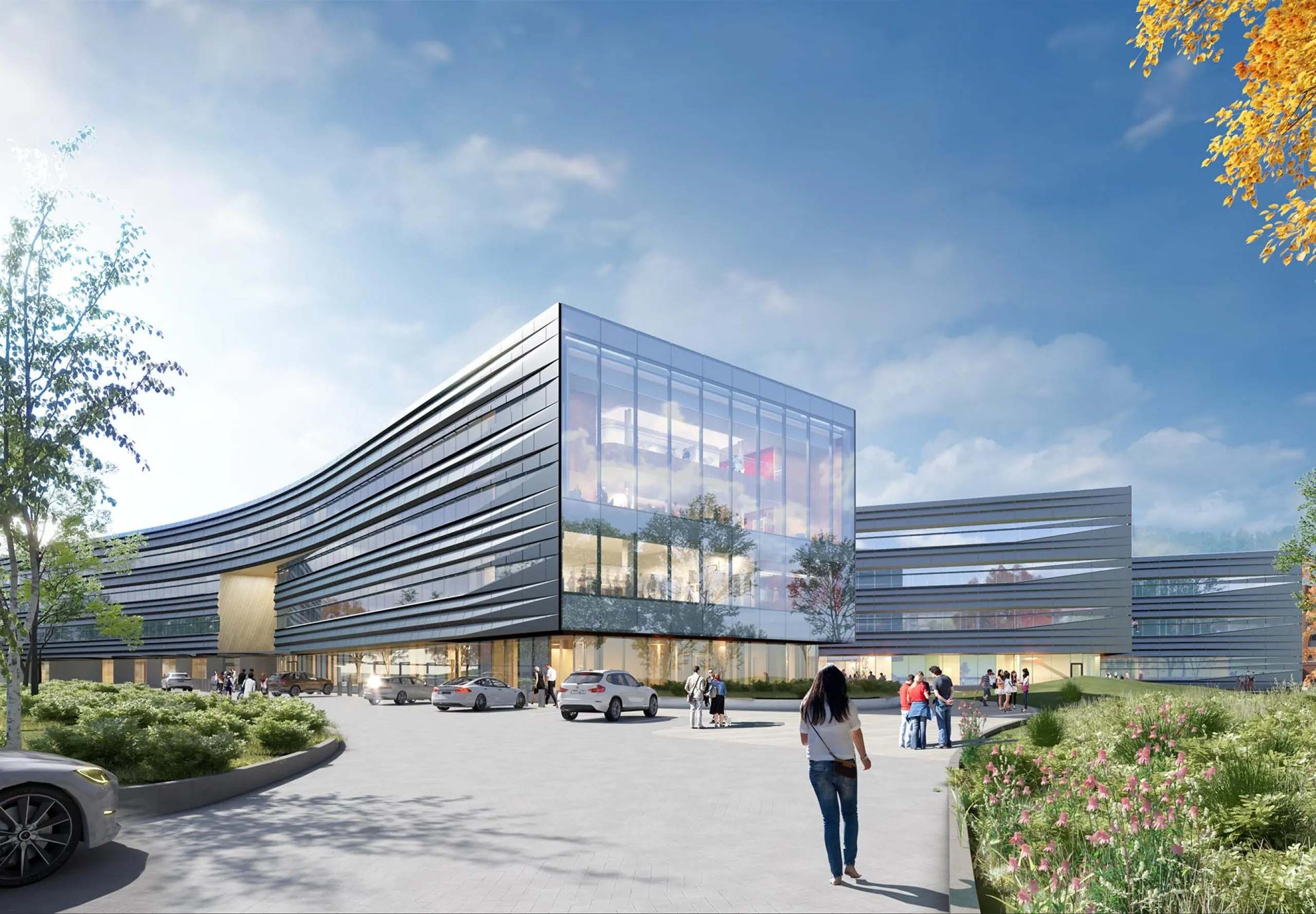 Exterior rendering of large modern FM Research, Science and Technology Center with people cars and people