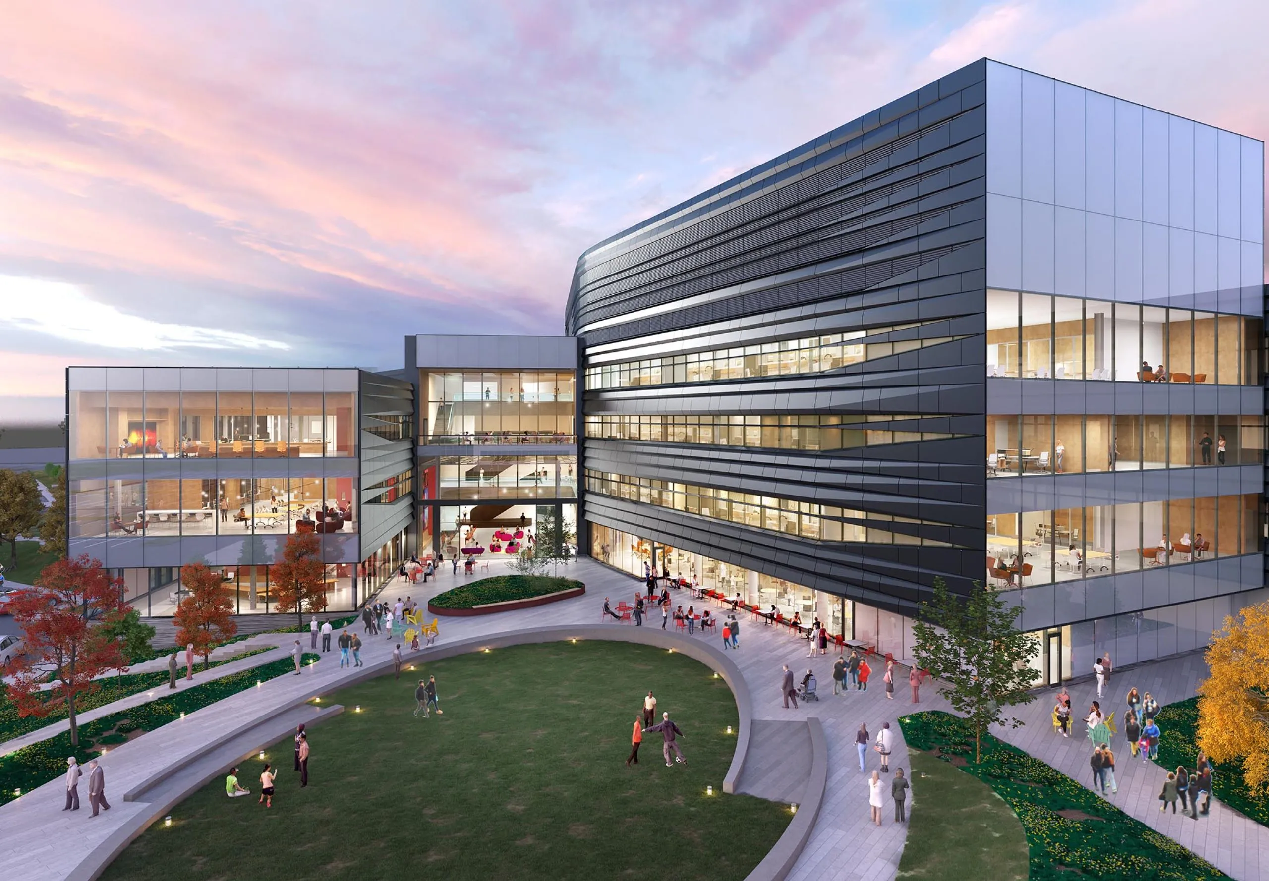 Exterior rendering of garden and walking area in front of multistory FM Research, Science and Technology Center