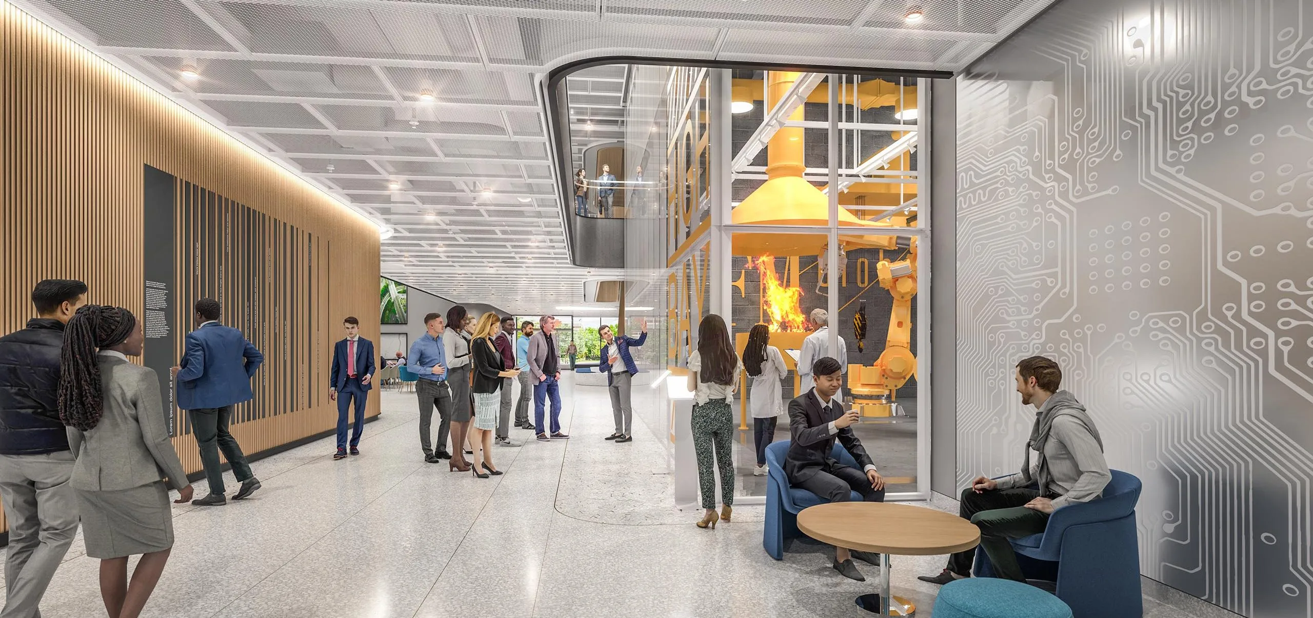 Interior rendering with people looking at laboratory machines on display