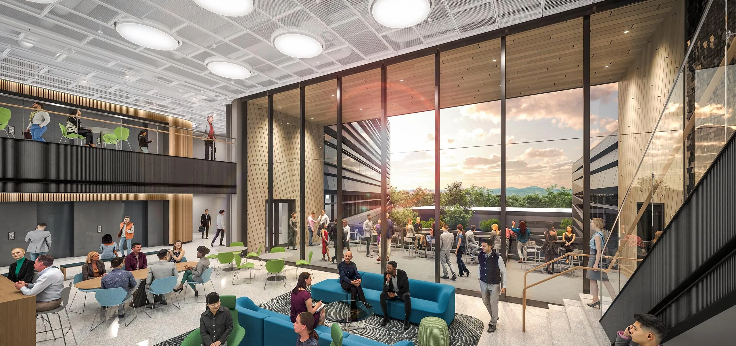 Interior rending of seating and dining area in entryway of FM Research, Science and Technology Center