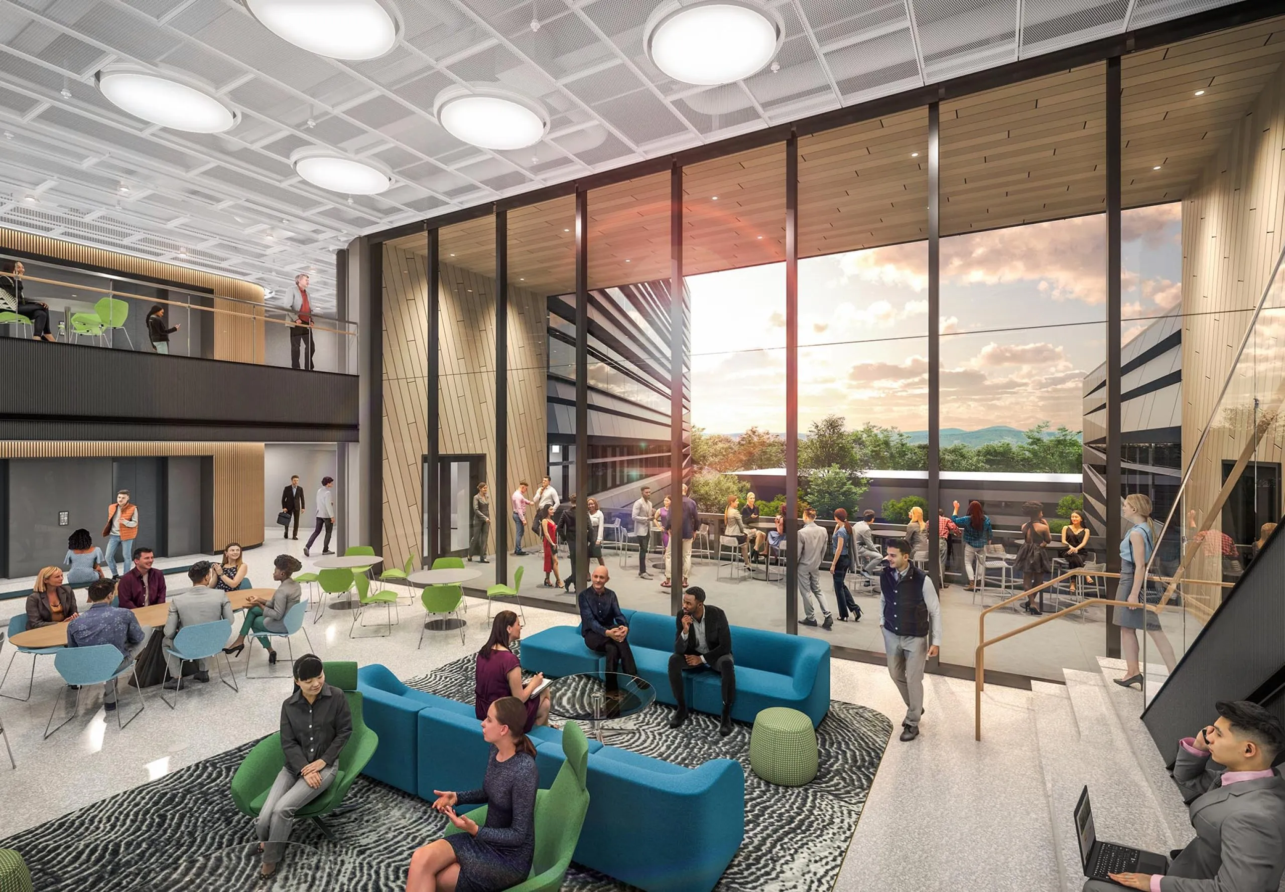 Interior rending of seating and dining area in entryway of FM Research, Science and Technology Center