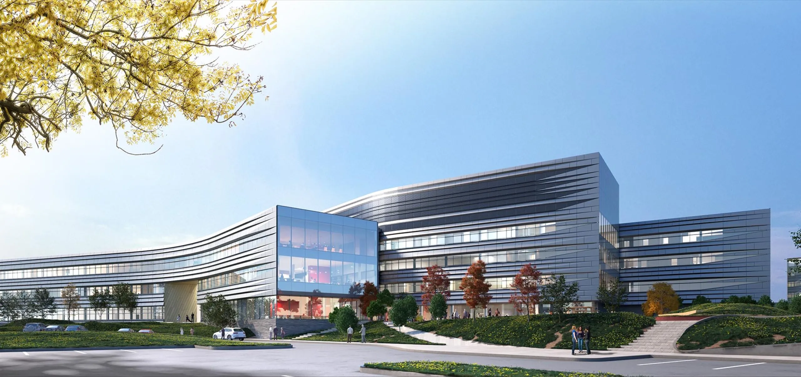 Exterior rendering with modern FM Research, Science and Technology Center in distance