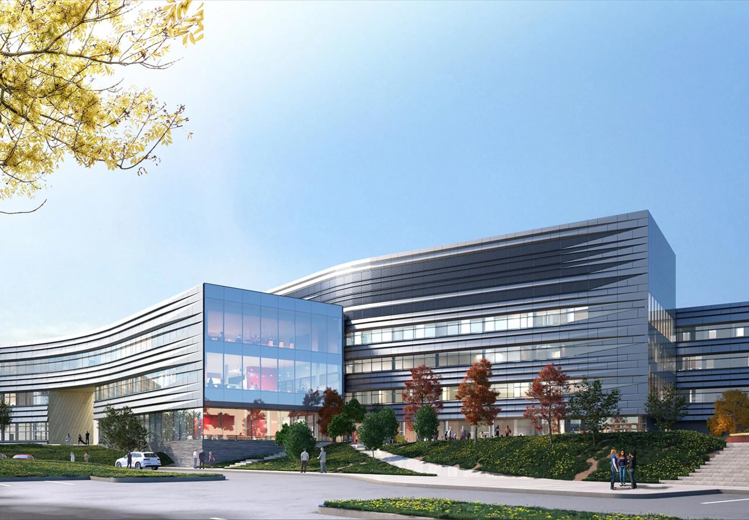 Exterior rendering with modern FM Research, Science and Technology Center in distance