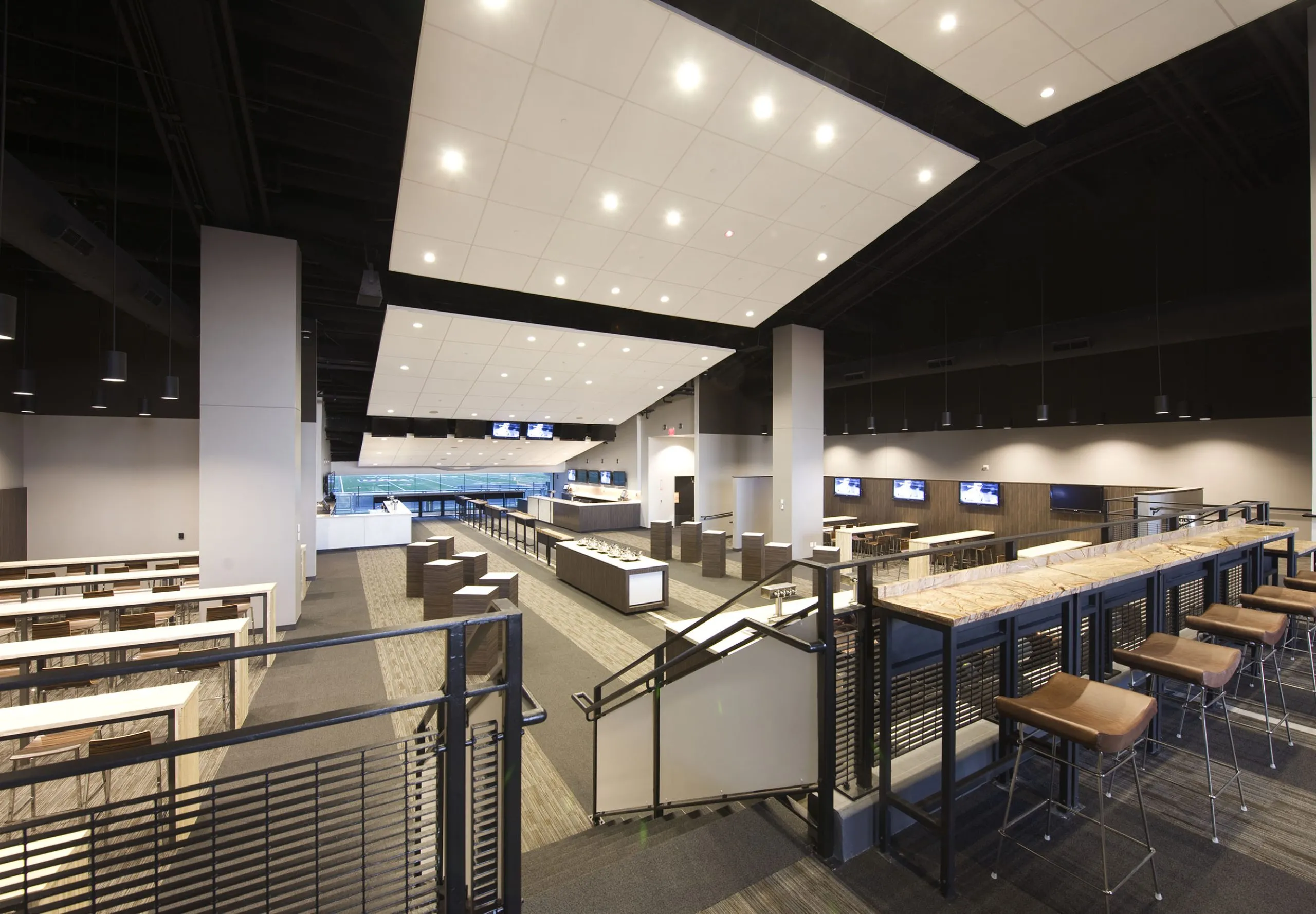 Large communal dining and meeting area at Metlife Stadium West Hall Club