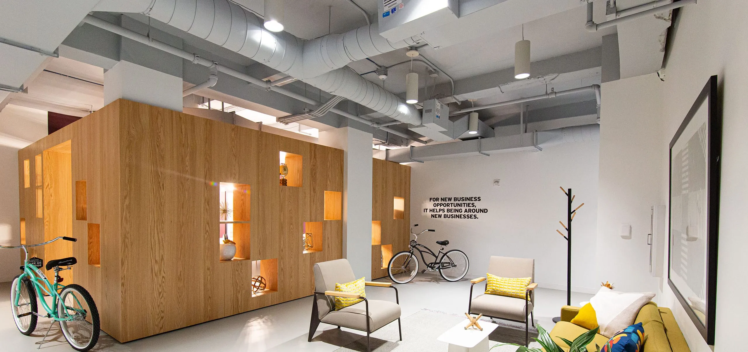 Seating area and bicycles stored in Regus Penn Plaza