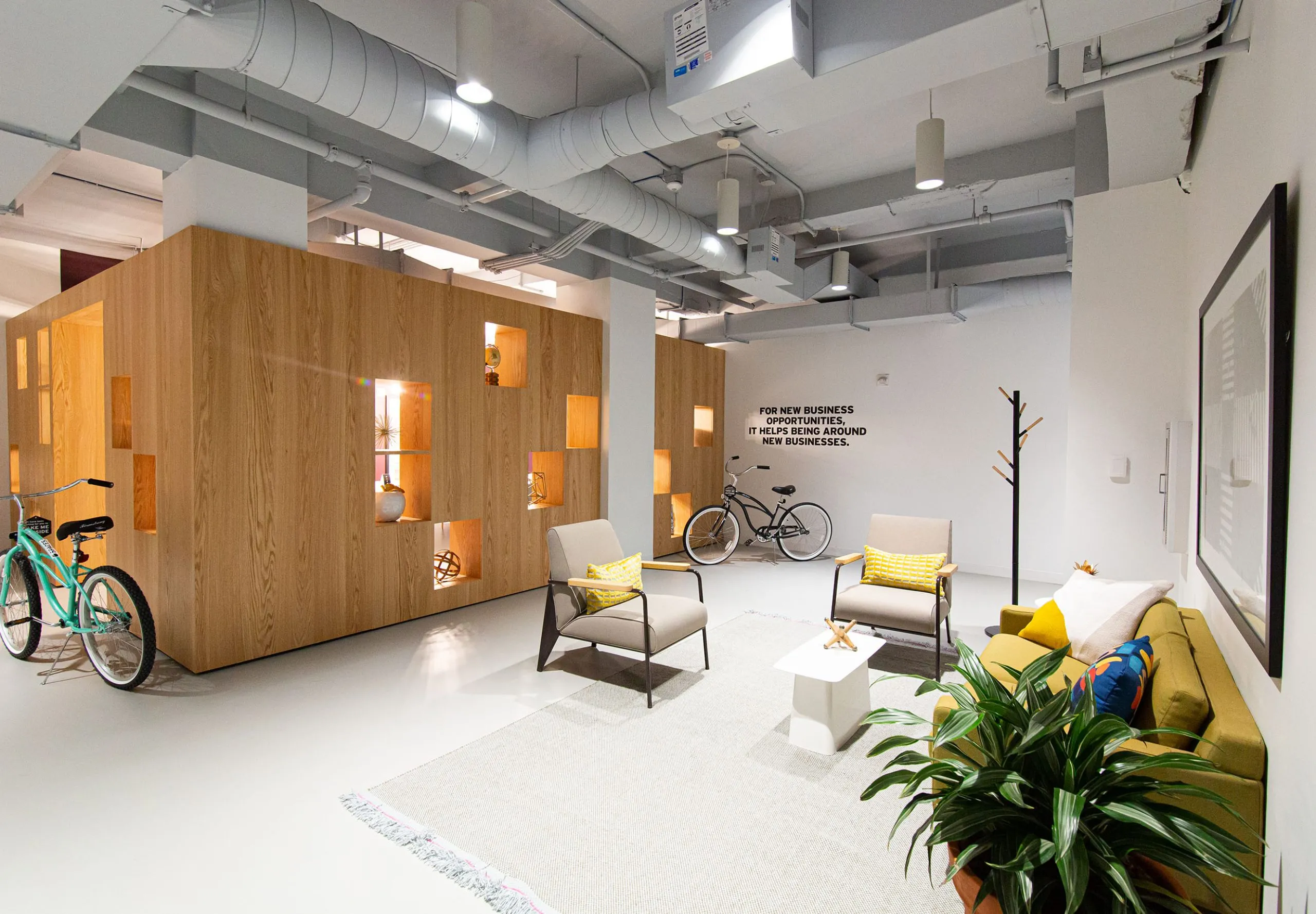 Seating area and bicycles stored in Regus Penn Plaza