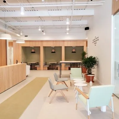 Interior of front desk and seating area in Regus Portland