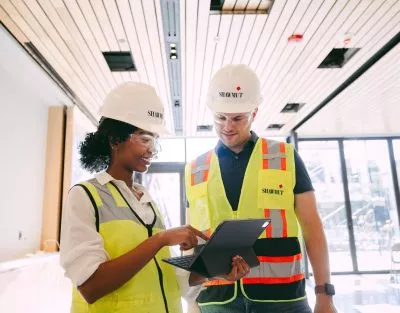 Two people in safety gear looking at a tablet