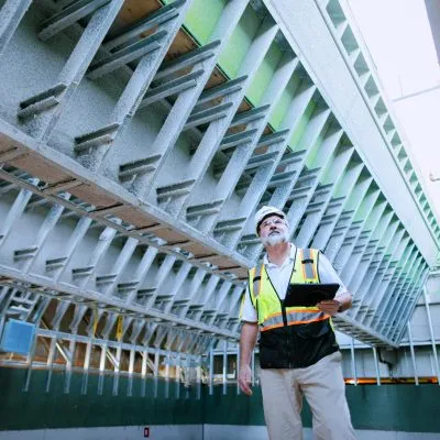 Person in safety fear looking at building under construction