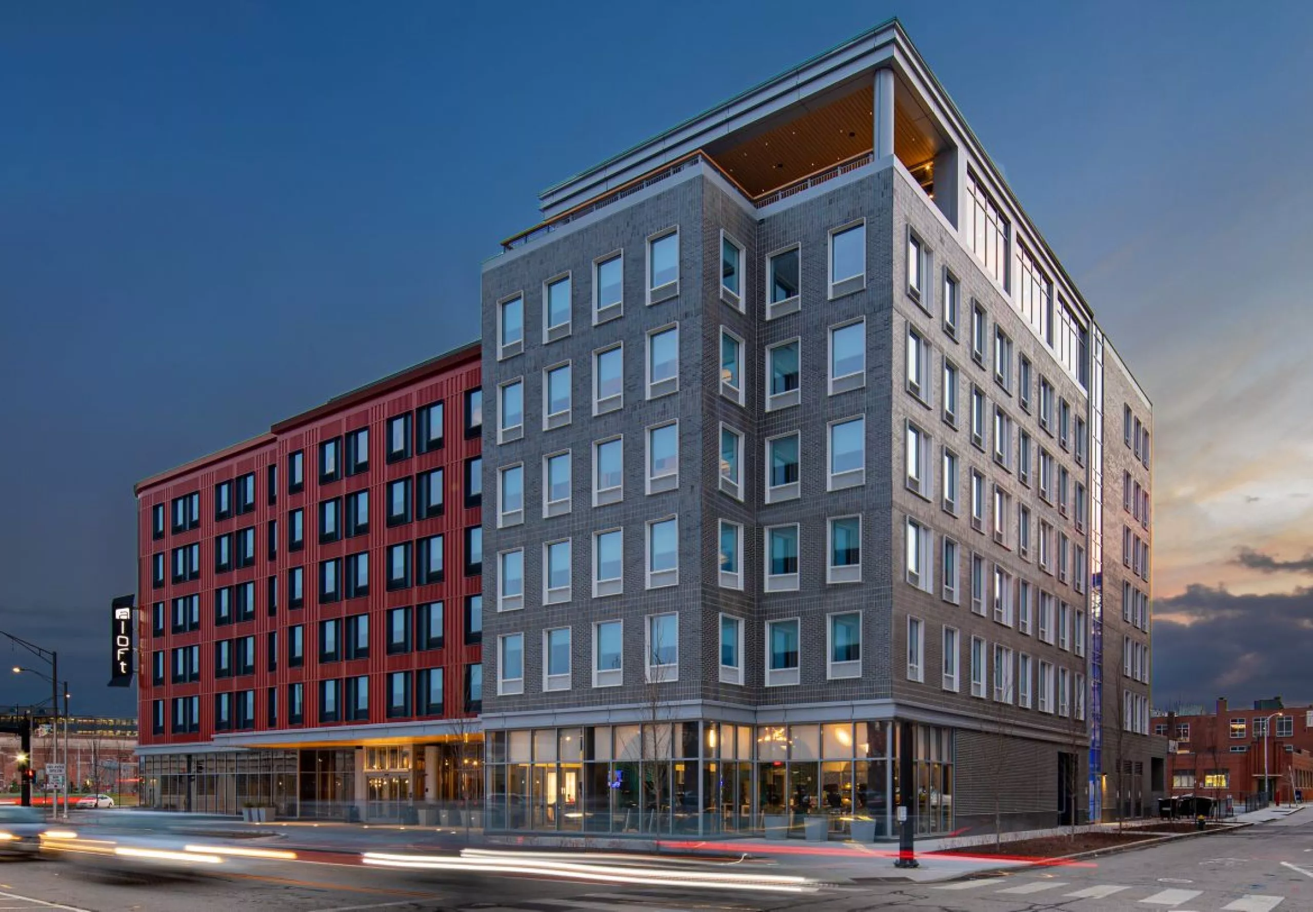 Exterior view of the Aloft Providence Downtown at dusk