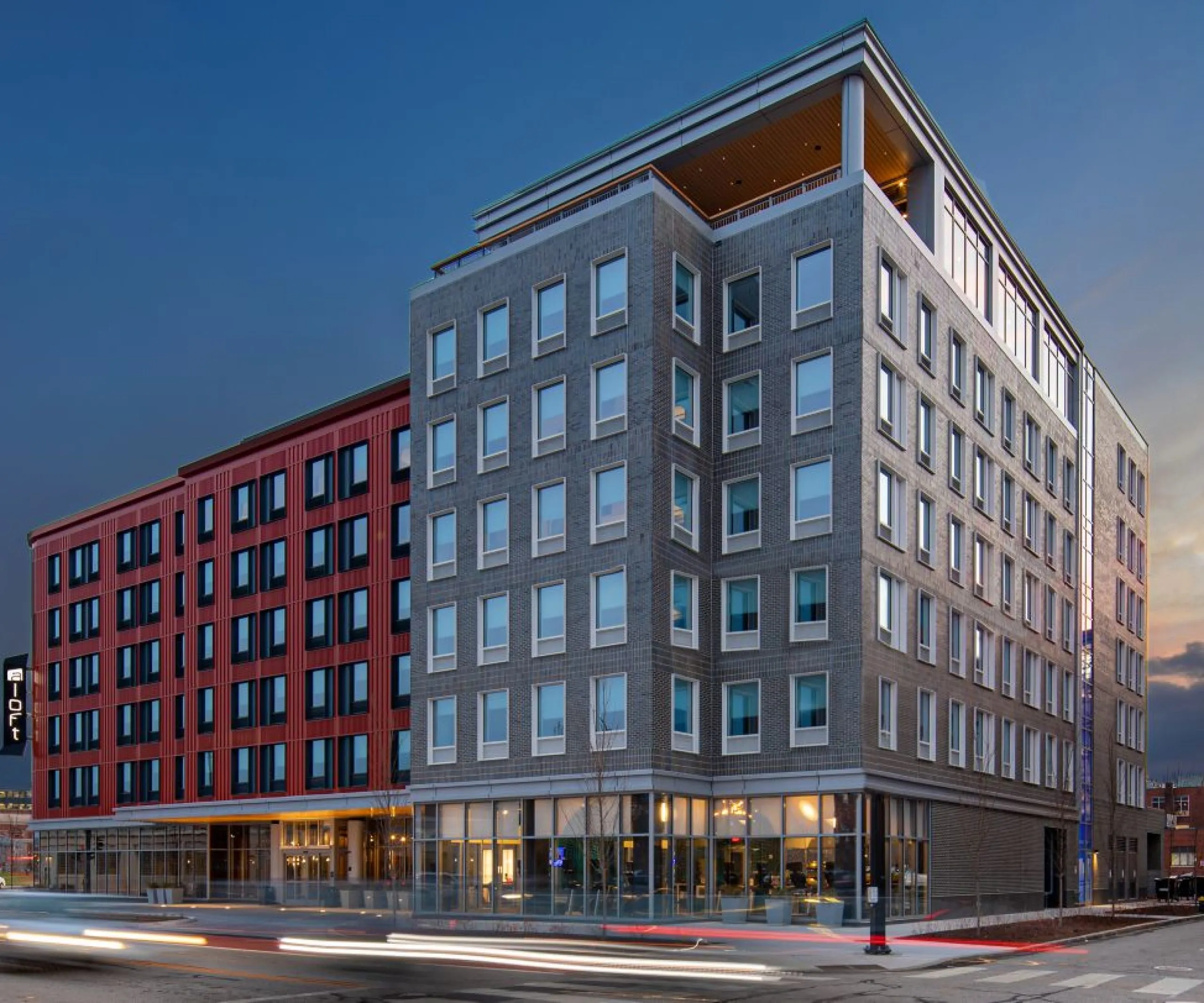 Exterior view of the Aloft Providence Downtown at dusk