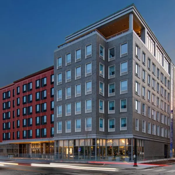 Exterior view of the Aloft Providence Downtown at dusk