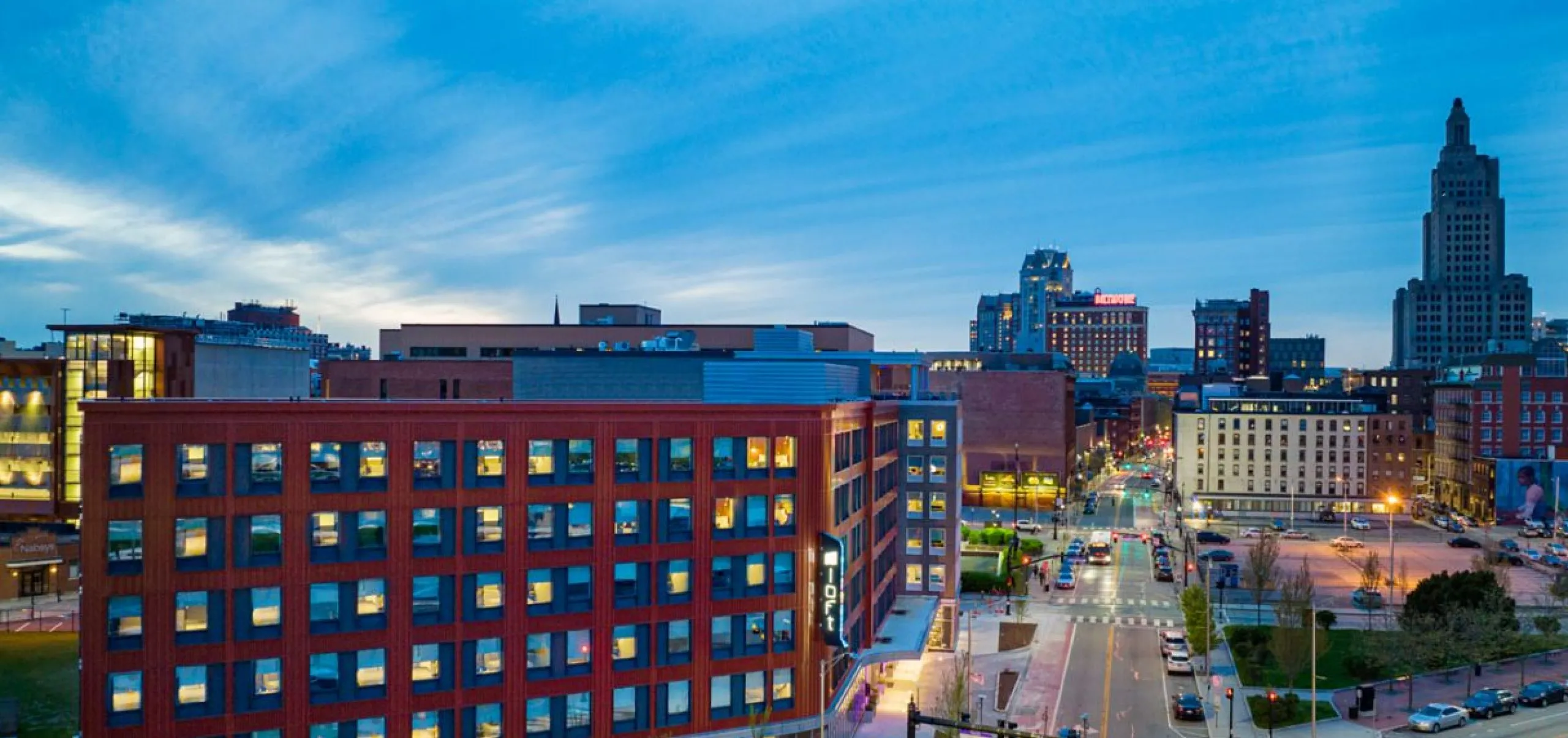 Exterior view of the Aloft Providence Downtown at night