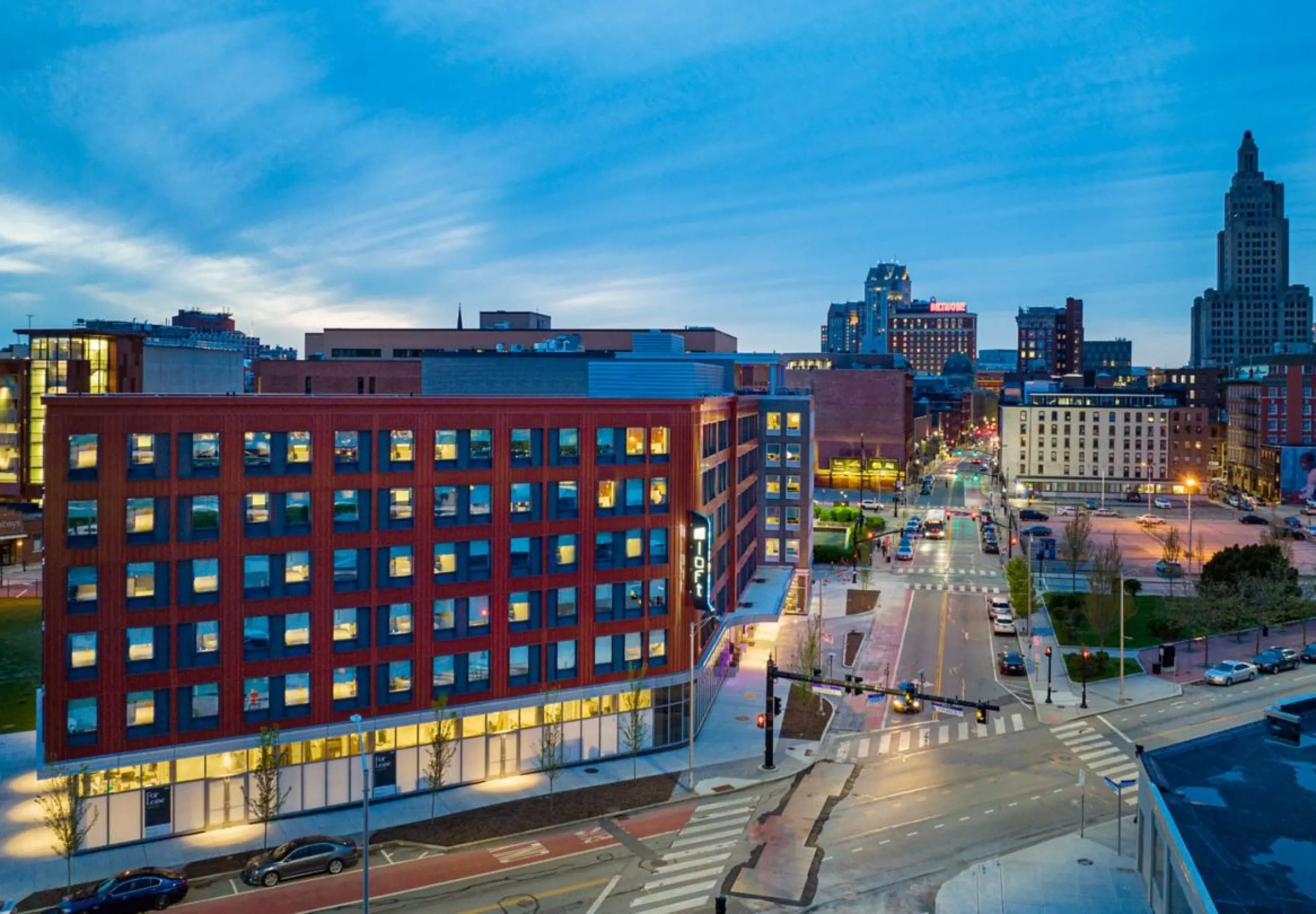 Exterior view of the Aloft Providence Downtown at night