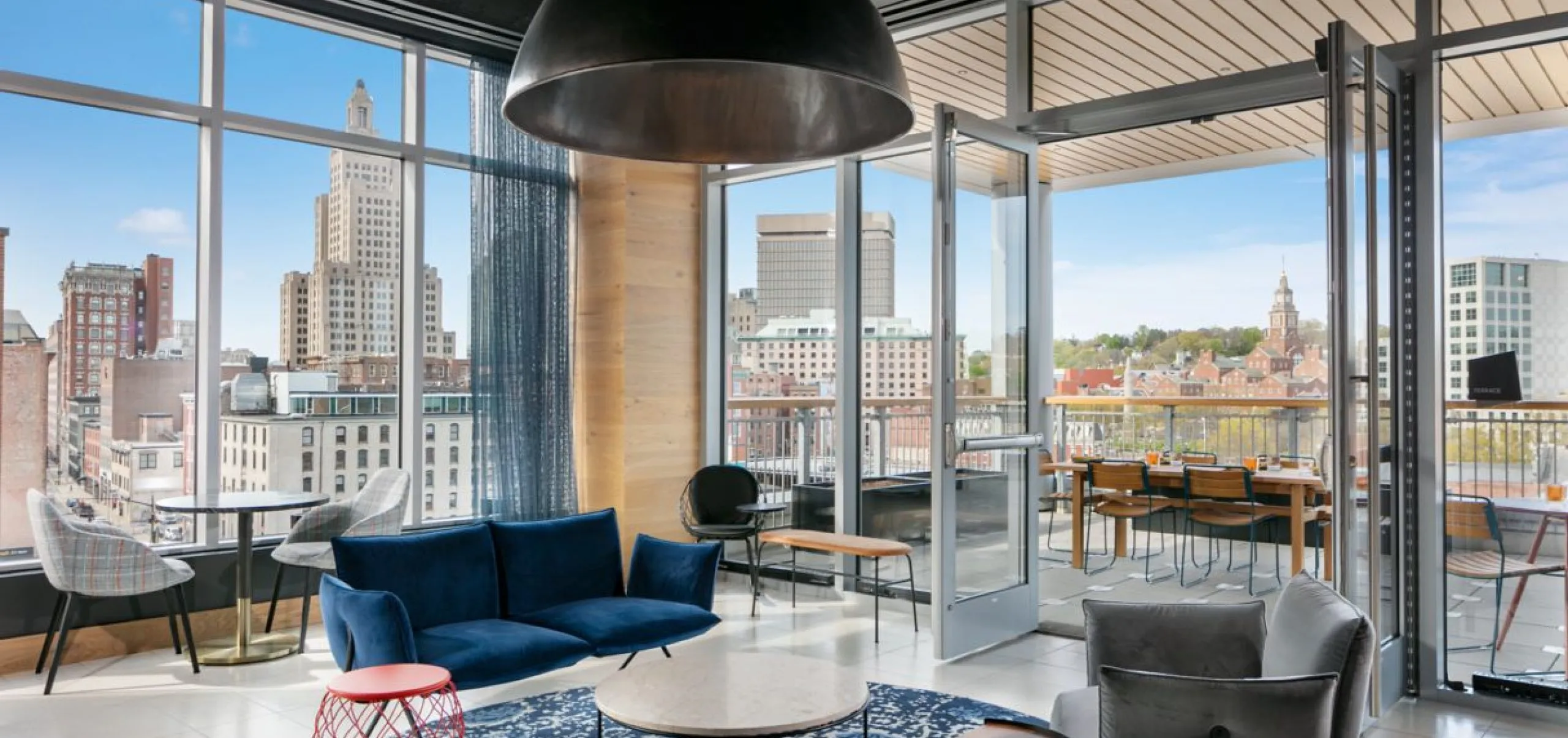 Interior view of a common space at the Aloft Providence Downtown