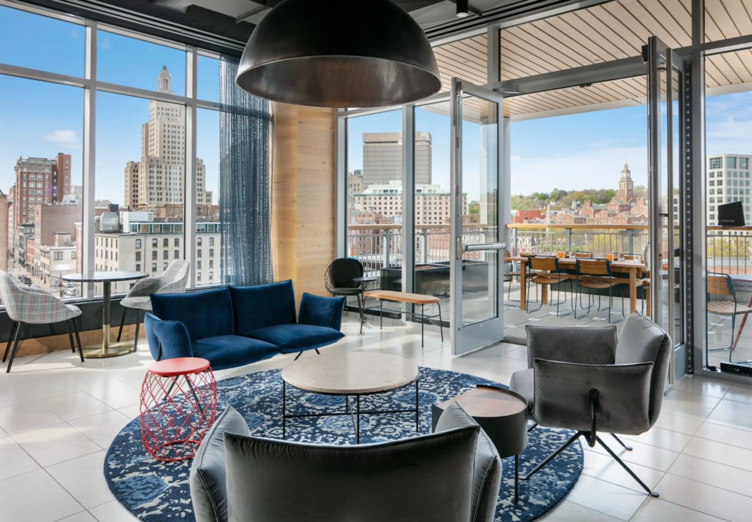 Interior view of a common space at the Aloft Providence Downtown