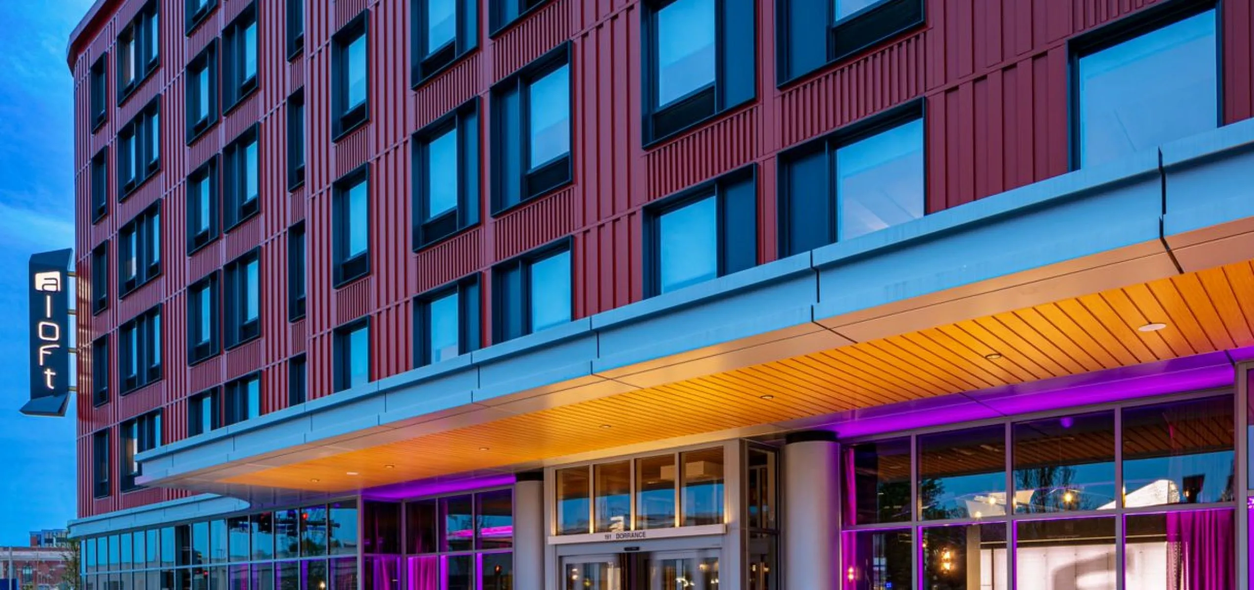 Exterior view of the Aloft Providence Downtown at night