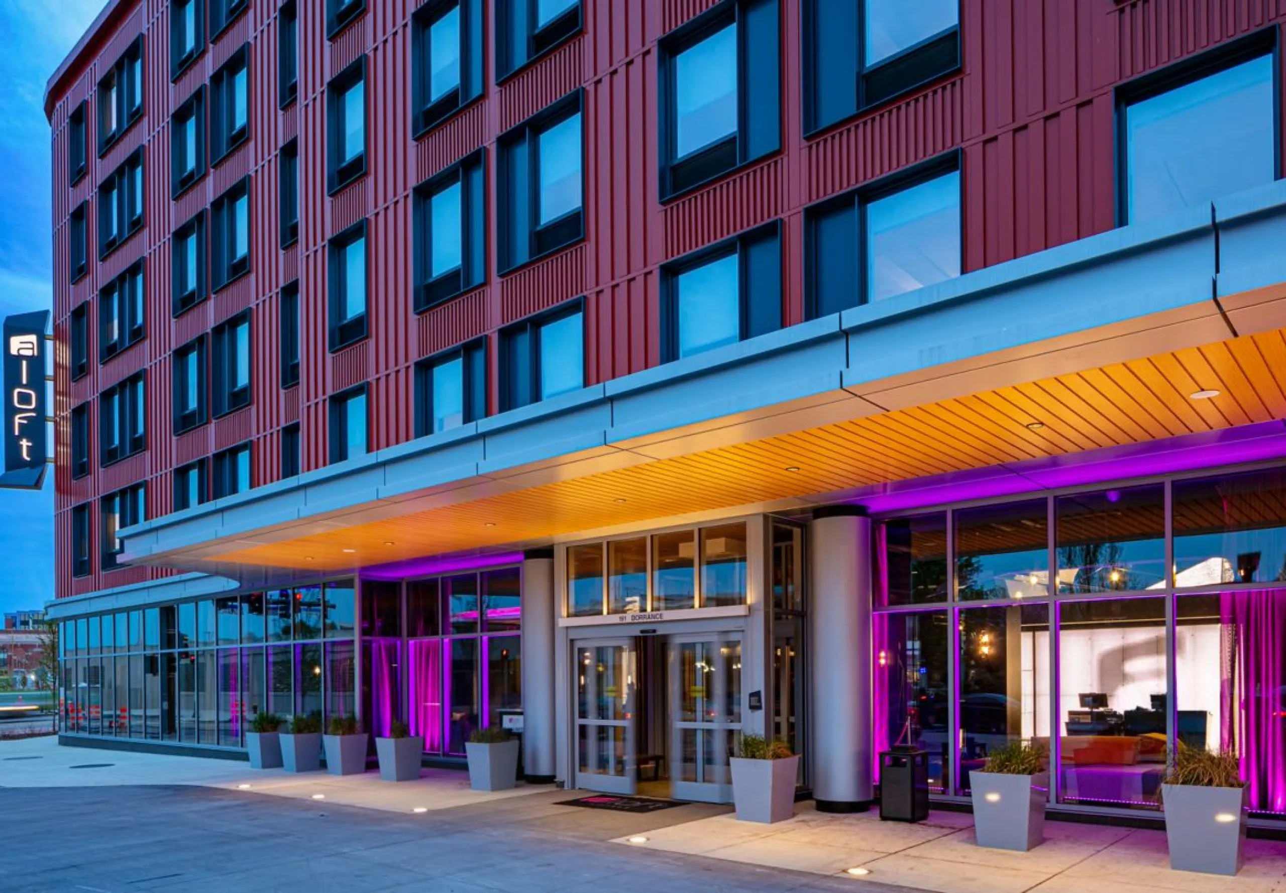 Exterior view of the Aloft Providence Downtown at night