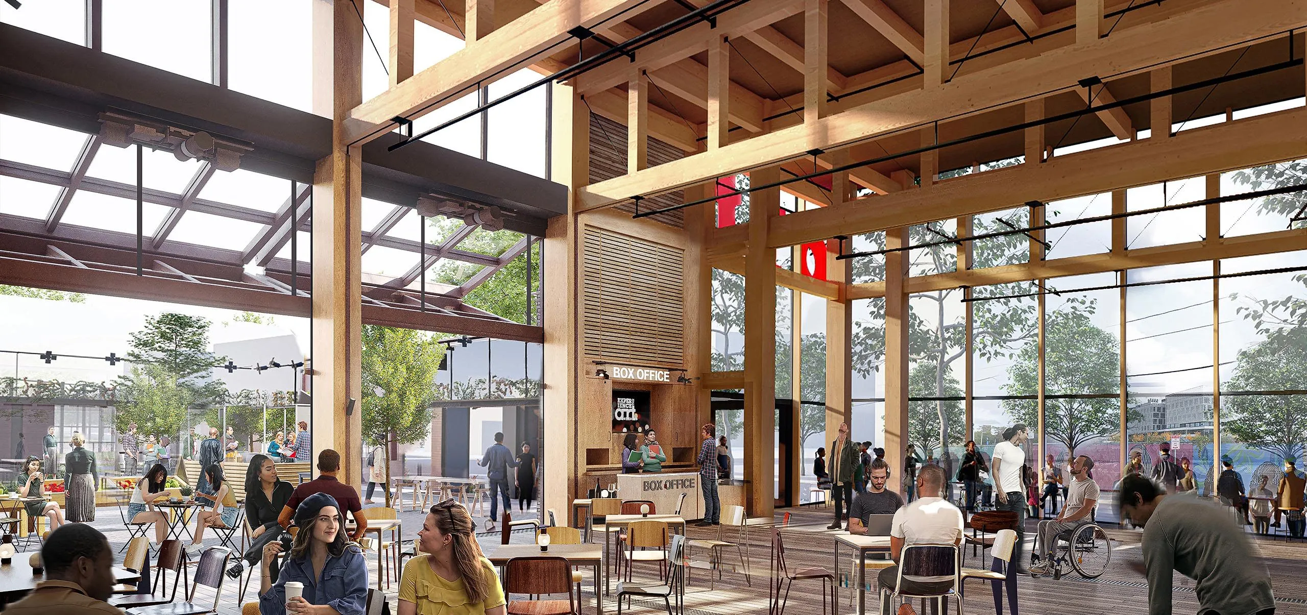 interior rendering of the American Repertory Theatre lunch area with tables and chair