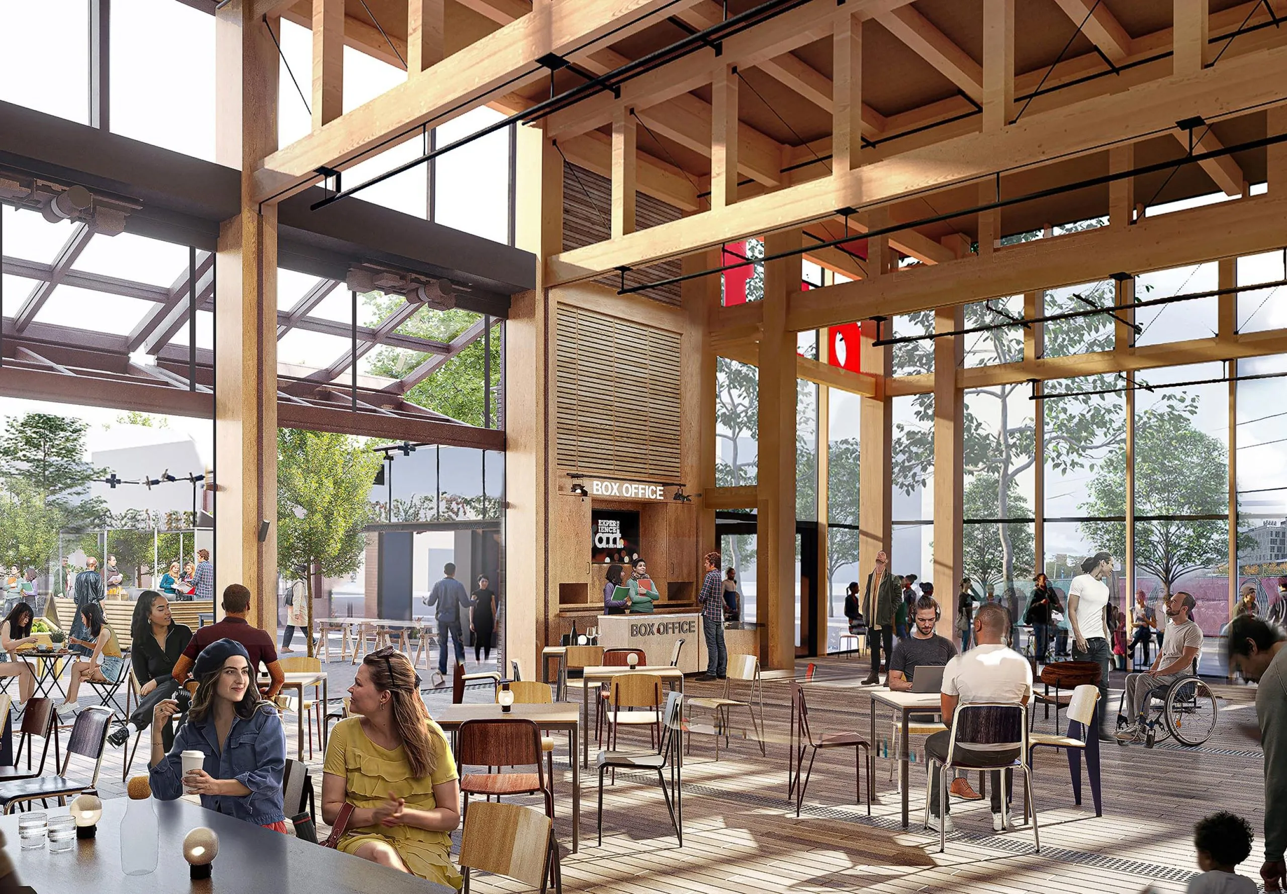 interior rendering of the American Repertory Theatre lunch area with tables and chair