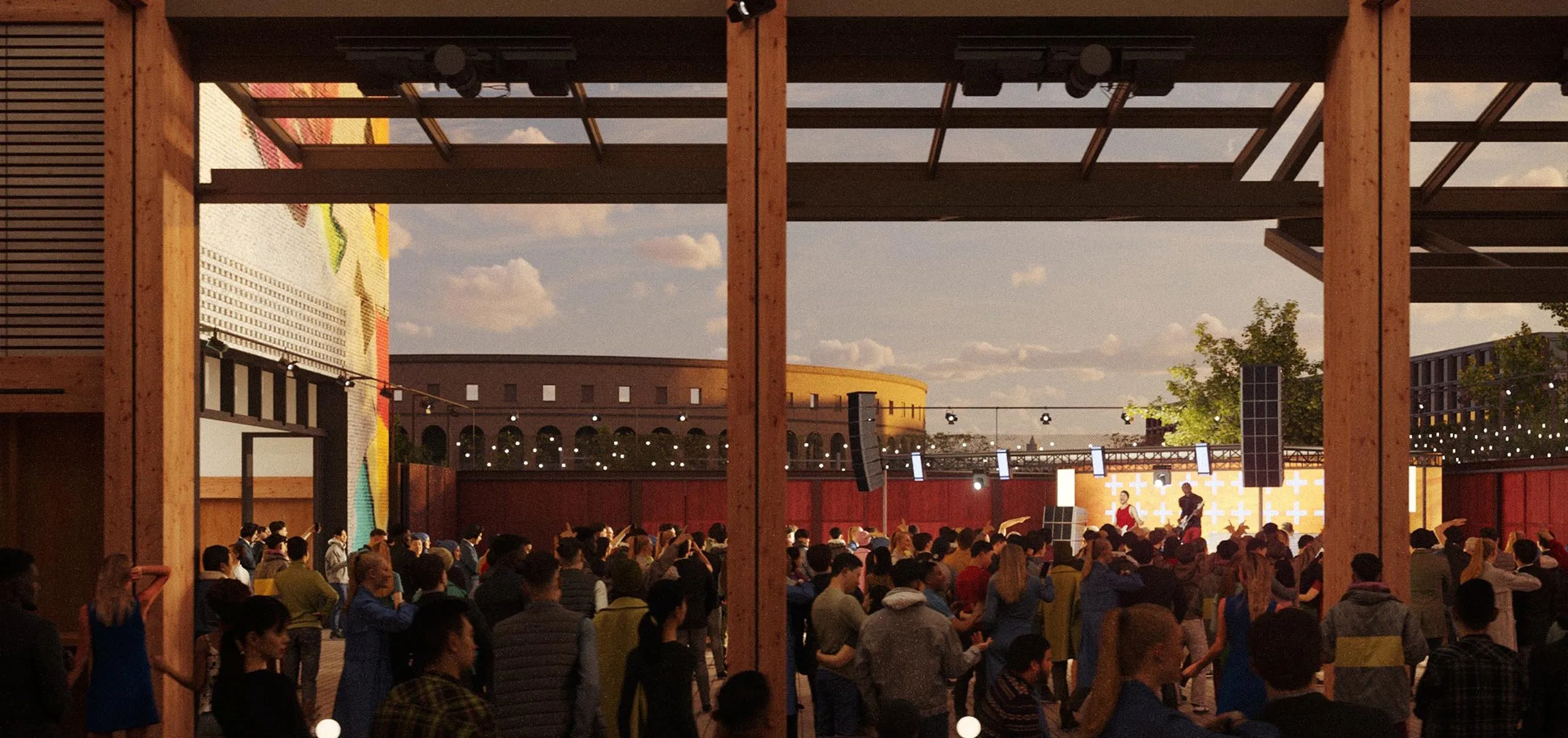 interior rendering of the American Repertory Theatre outdoor courtyard