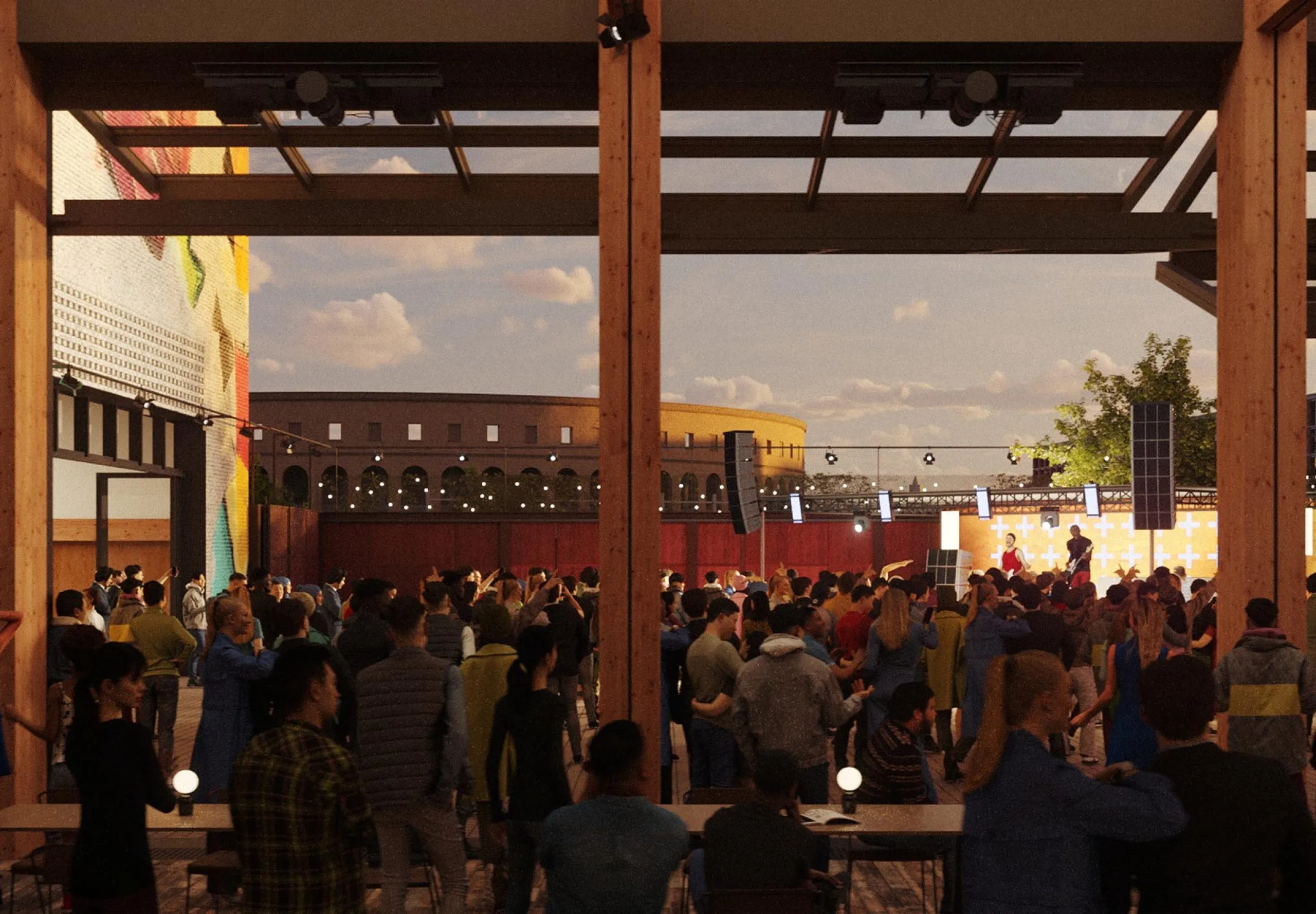 interior rendering of the American Repertory Theatre outdoor courtyard