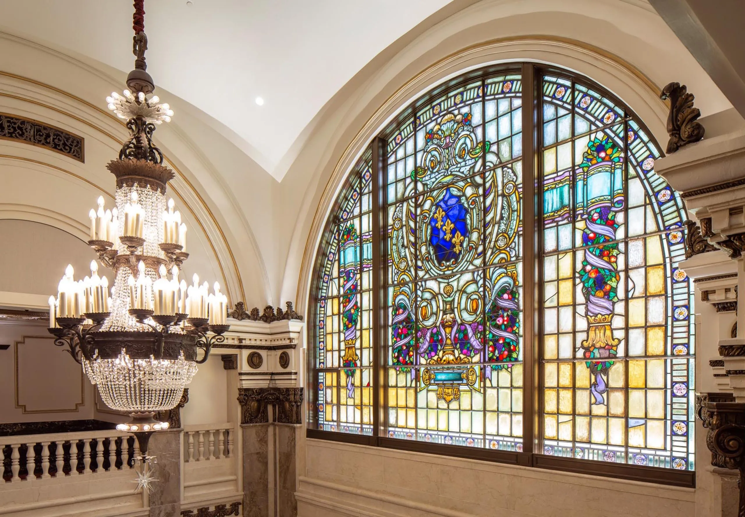 interior view of a stain-glass window at the Apple Town Theatre