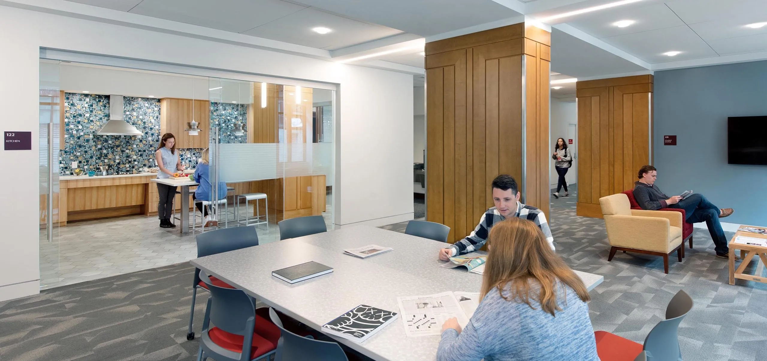 Communal kitchen and living space at Boston University 610 Beacon Street Dorms