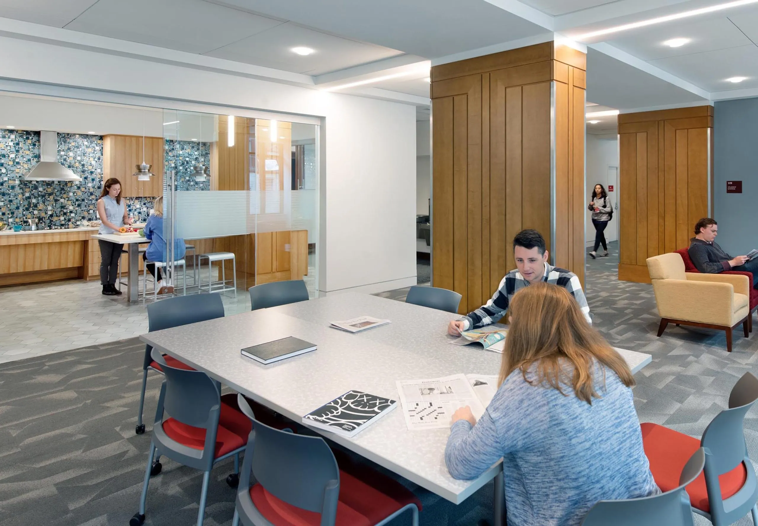 Communal kitchen and living space at Boston University 610 Beacon Street Dorms