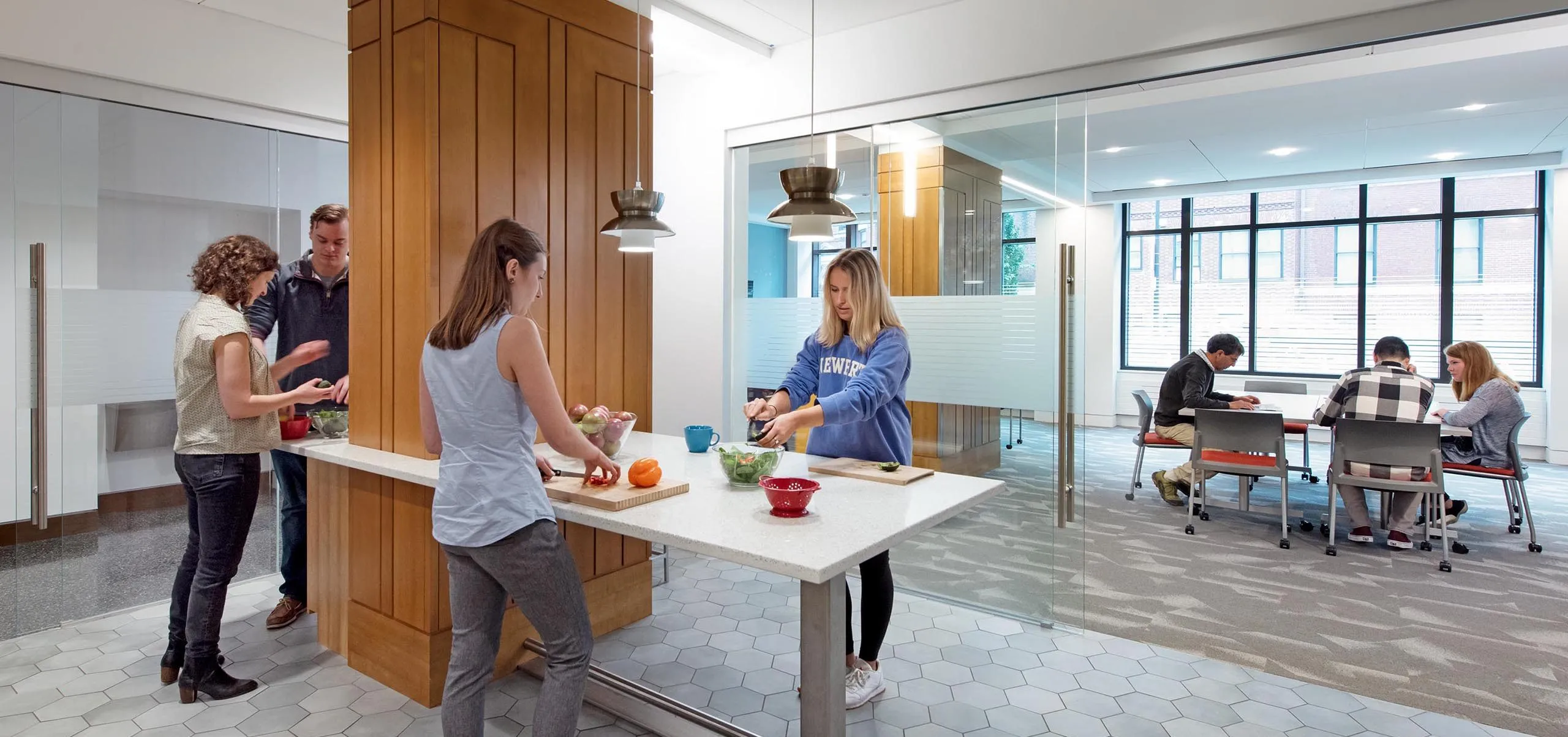 Communal kitchen and living space at Boston University 610 Beacon Street Dorms