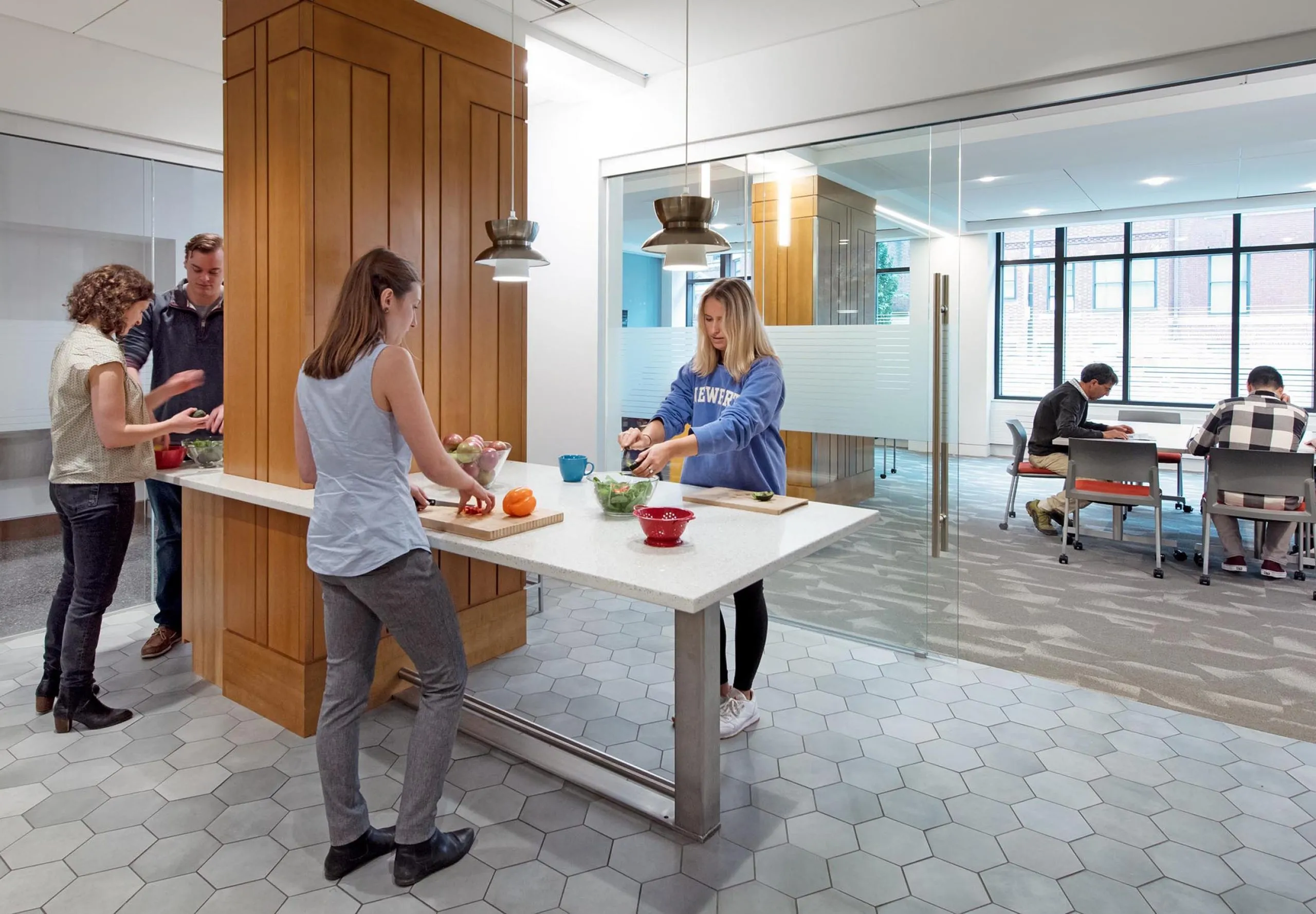 Communal kitchen and living space at Boston University 610 Beacon Street Dorms