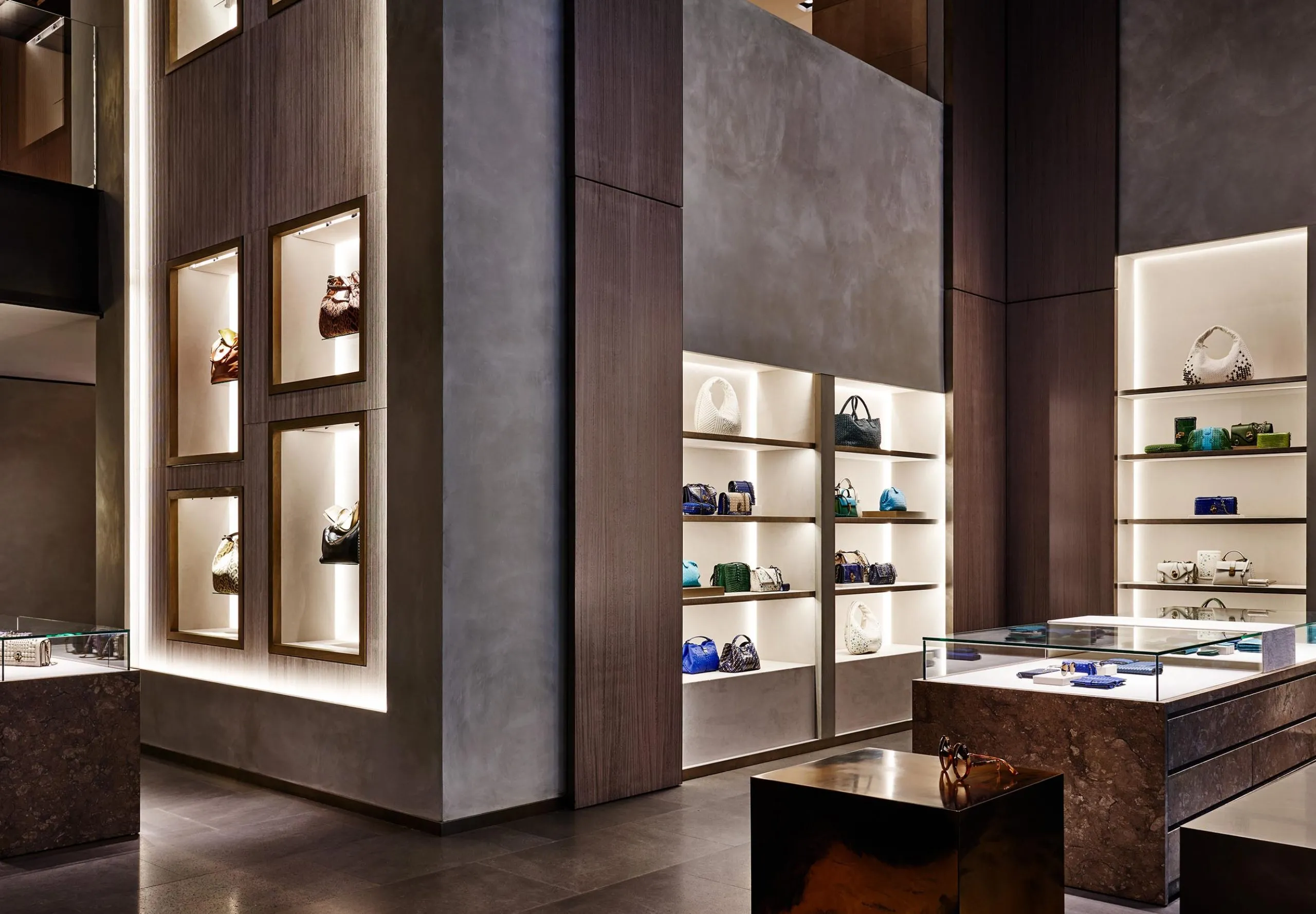 Interior view of retail displays at Bottega Veneta