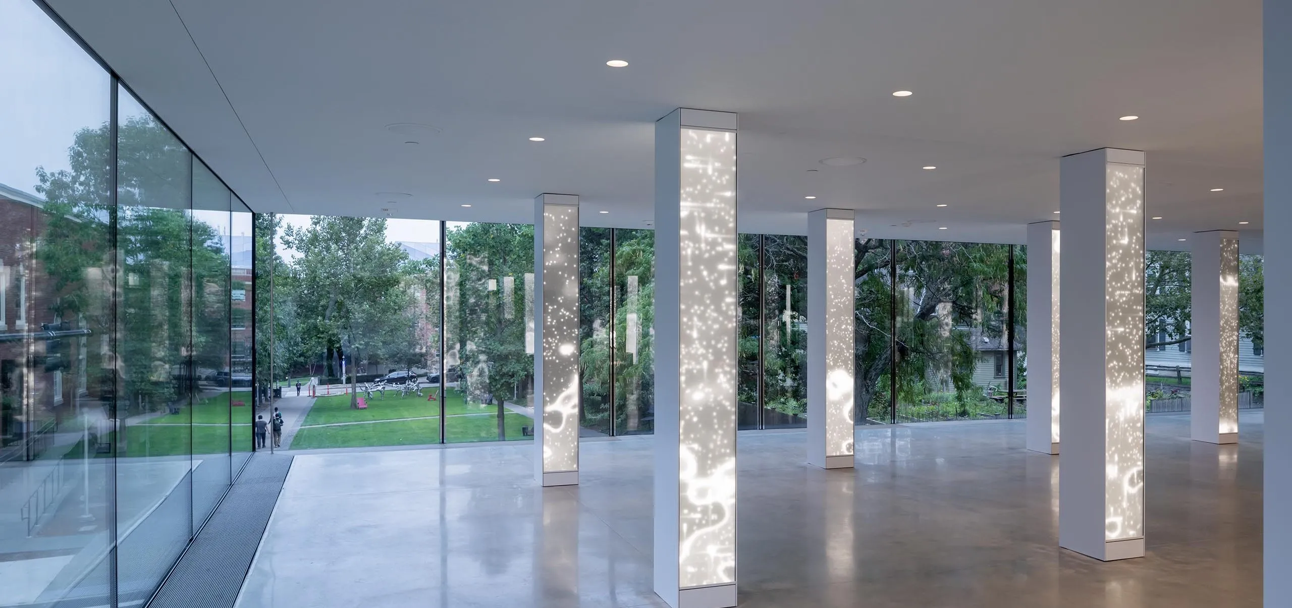 Pillars with digital displays inside of Lindemann Performing Arts Center