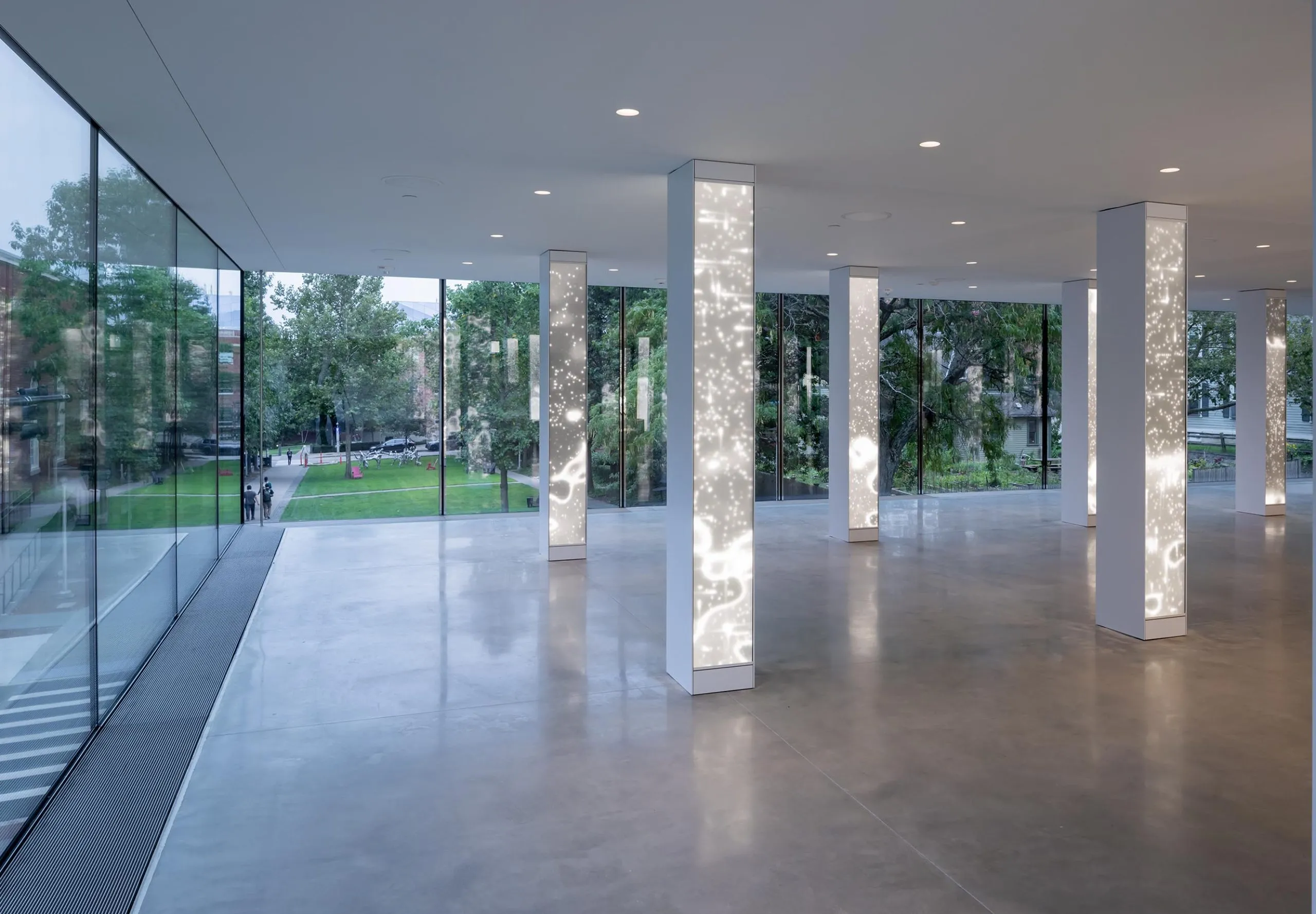 Pillars with digital displays inside of Lindemann Performing Arts Center