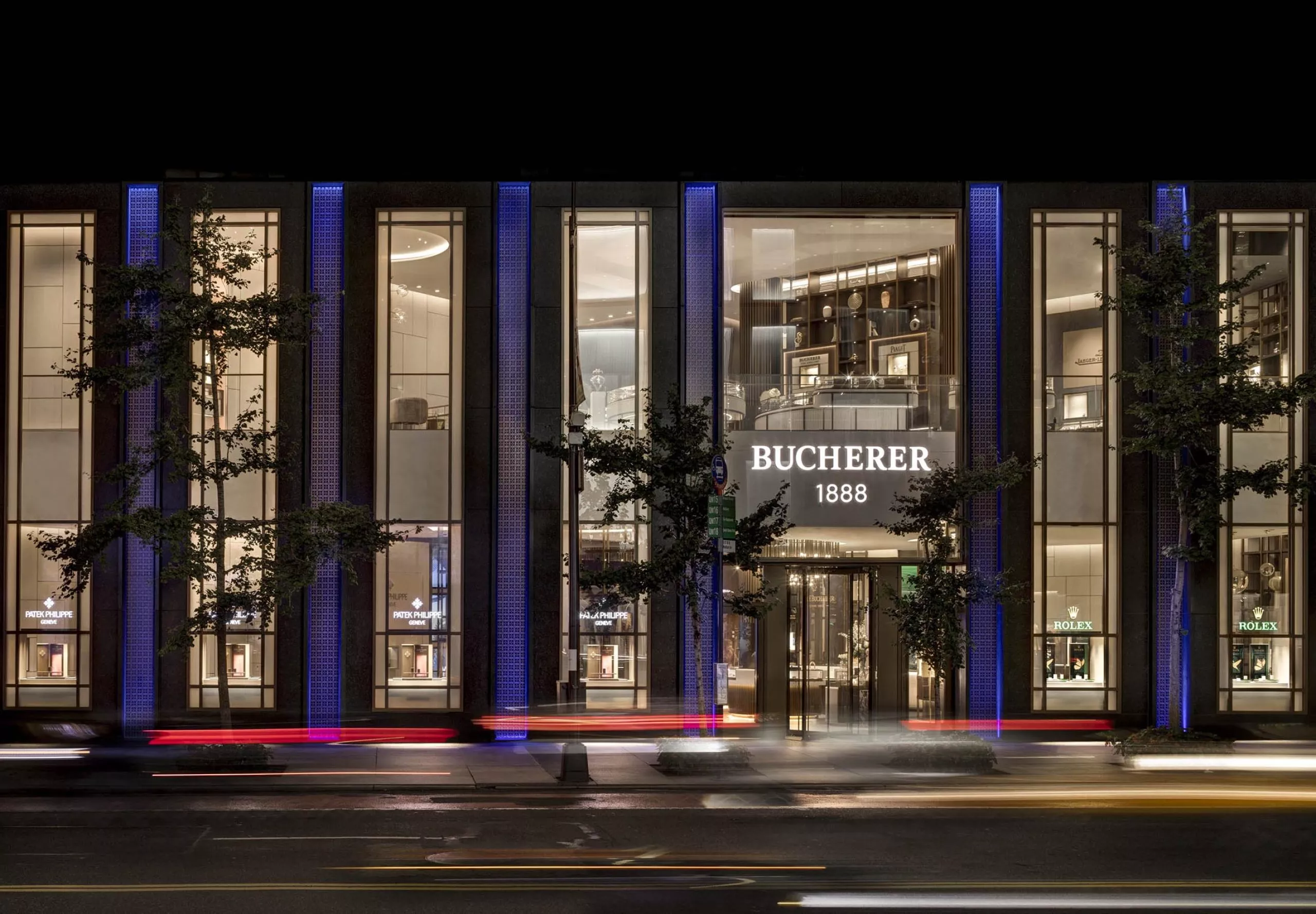 exterior view of Bucherer TimeMachine building at night