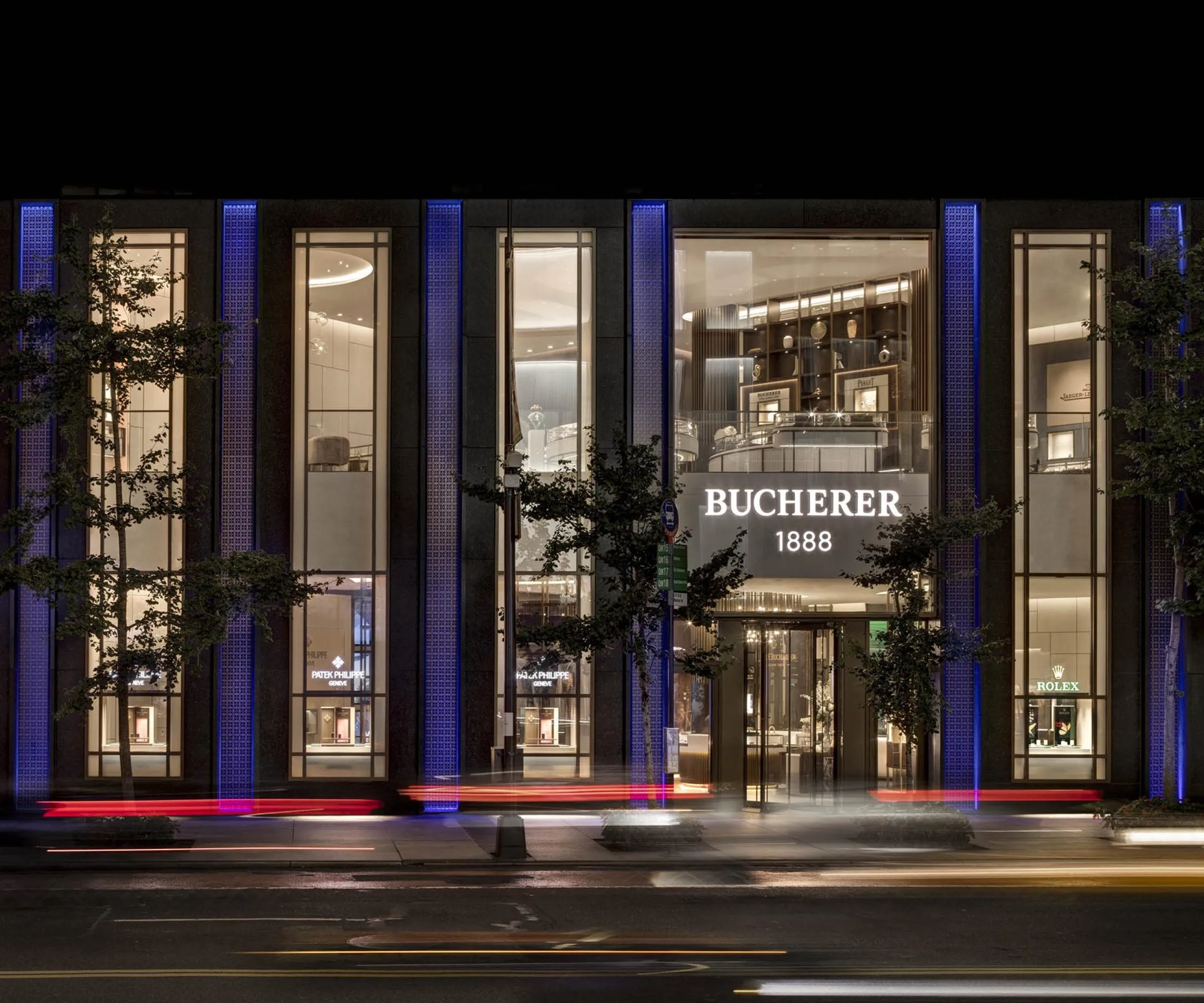 exterior view of Bucherer TimeMachine building at night