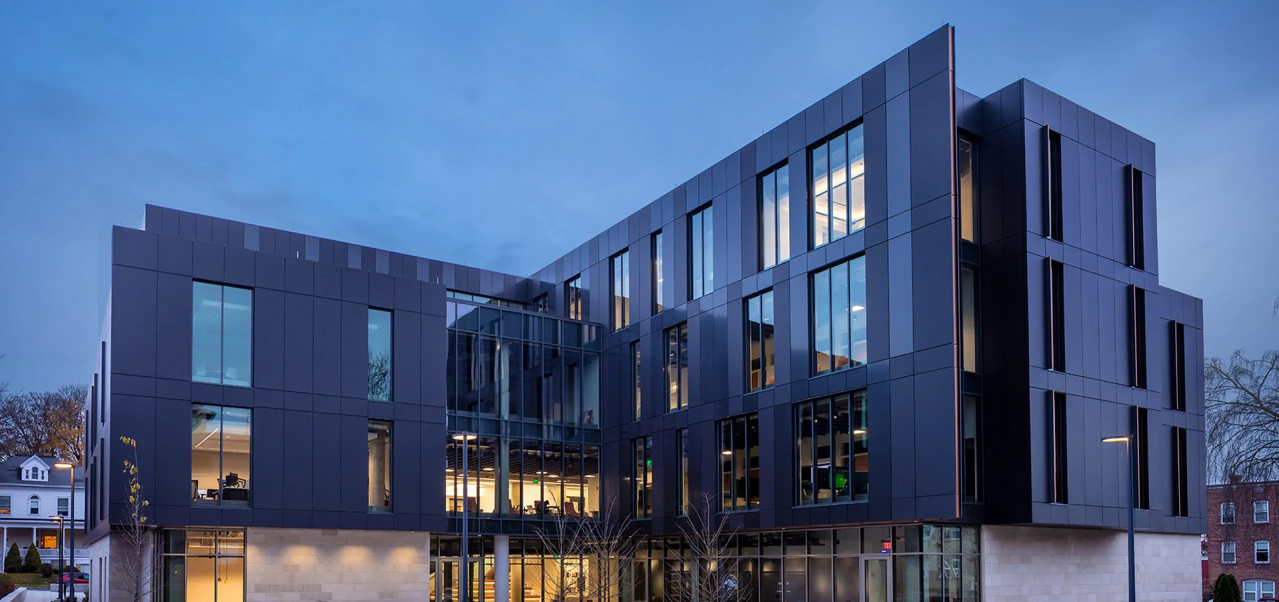 Modern dark exterior of Center for Media Arts, Computers & Design