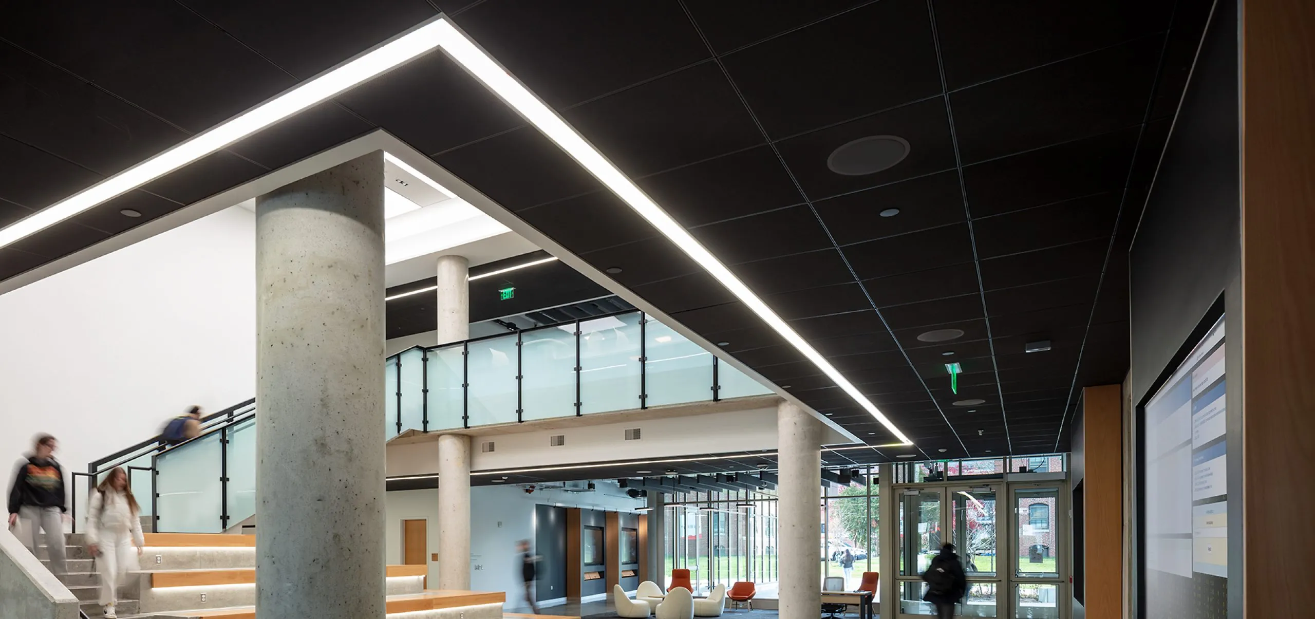 Multistory stairwell and lobby in Center for Media Arts, Computers & Design